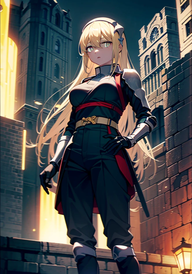 Eiswallenstein, Behind Wallenstein, blonde hair, hair between eyes, hair band, long hair, ,(yellow eyes:1.5), serious,black ninja uniform,ninja,black shinobi pants,Place your right hand on your waist,boots,medieval european style building,Looking down from the rooftop,break (masterpiece:1.2), highest quality, High resolution, unity 8k wallpaper, (figure:0.8), (beautiful and fine eyes:1.6), highly detailed face, highly detailed fingers,perfect lighting, Very detailed CG, (perfect hands, perfect anatomy),