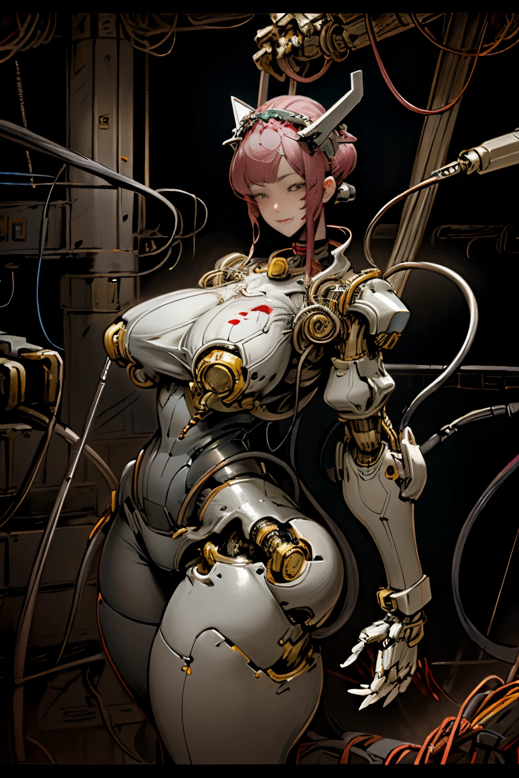 (((masterpiece))), (((best quality))), ((ultra-detailed)), (highly detailed CG illustration), ((an extremely delicate and beautiful)),cinematic light,((1mechanical girl)),solo,(cowboy shot:1.2),(machine made joints:1.2),((machanical limbs)),(blood vessels connected to tubes),(mechanical vertebra attaching to back),((mechanical cervial attaching to neck)),expressionless,(wires and cables attaching to neck:1.2),(wires and cables on head:1.2),(character focus),science fiction,extreme detailed,colorful,highest detailed, loongs,fengs,background,