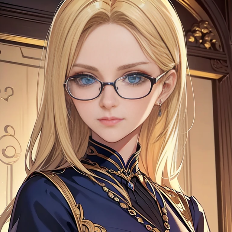 ((best quality)), ((masterpiece)), (detailed),High quality, Ultra detailed, best quality, insanely detailed, beautiful, masterpiece, Glasses,20s,Female,Wizard,Female Teacher,Blonde hair,Blue eyes,Caucasian,Evil female executive,A little more mature,glamaroous