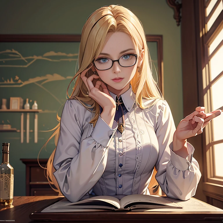 ((best quality)), ((masterpiece)), (detailed),High quality, Ultra detailed, best quality, insanely detailed, beautiful, masterpiece, Glasses,20s,Female,Wizard,Female Teacher,Blonde hair,Blue eyes,Caucasian,Evil female executive,A little more mature,glamaroous