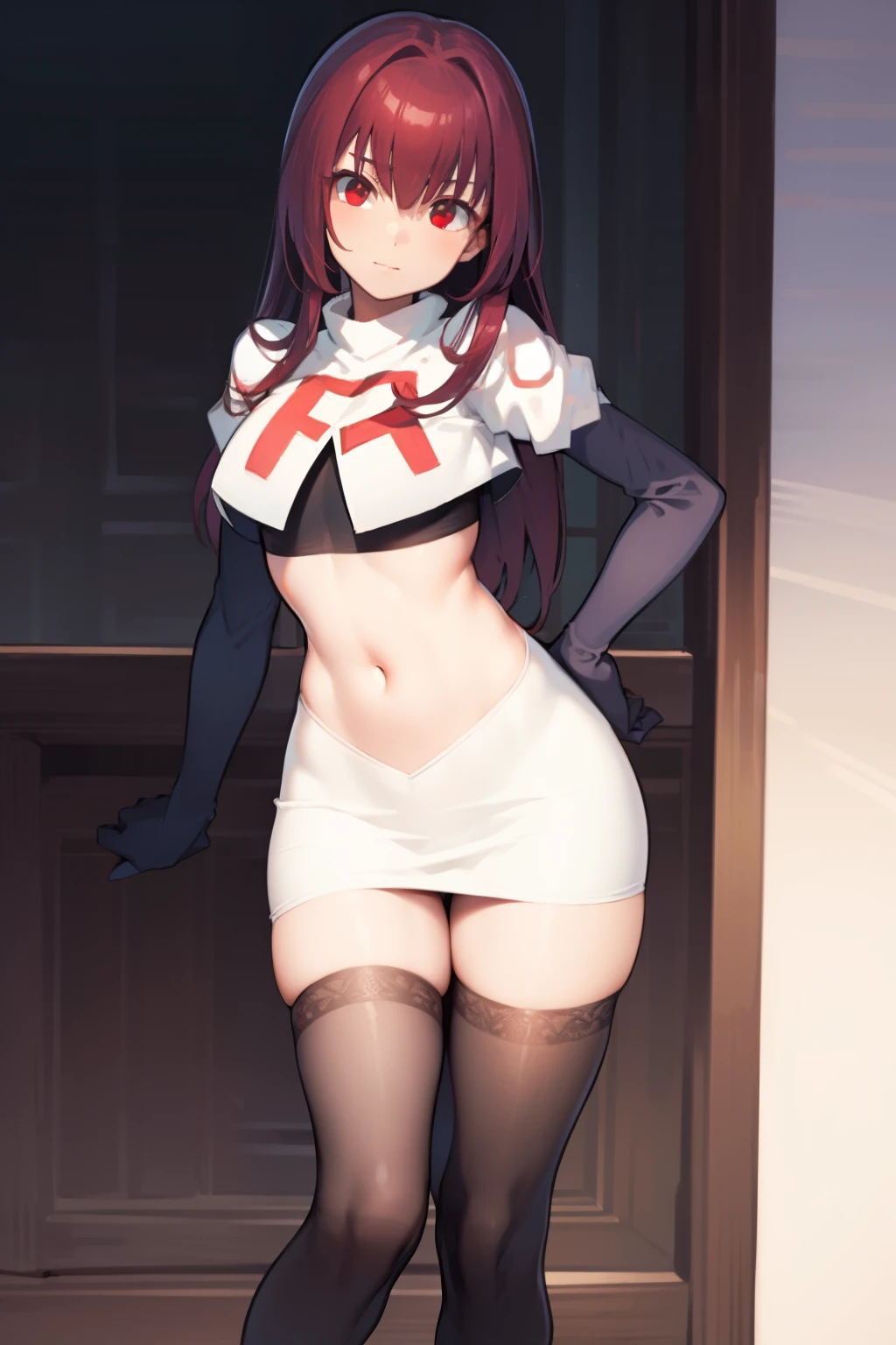 scathach, scathach, long hair, purple hair, (red eyes:1.5),
BREAK team rocket,team rocket uniform,white skirt,red letter R,crop top,black thigh-highs,black elbow gloves
BREAK looking at viewer,
BREAK (masterpiece:1.2), best quality, high resolution, unity 8k wallpaper, (illustration:0.8), (beautiful detailed eyes:1.6), extremely detailed face, perfect lighting, extremely detailed CG, (perfect hands, perfect anatomy),