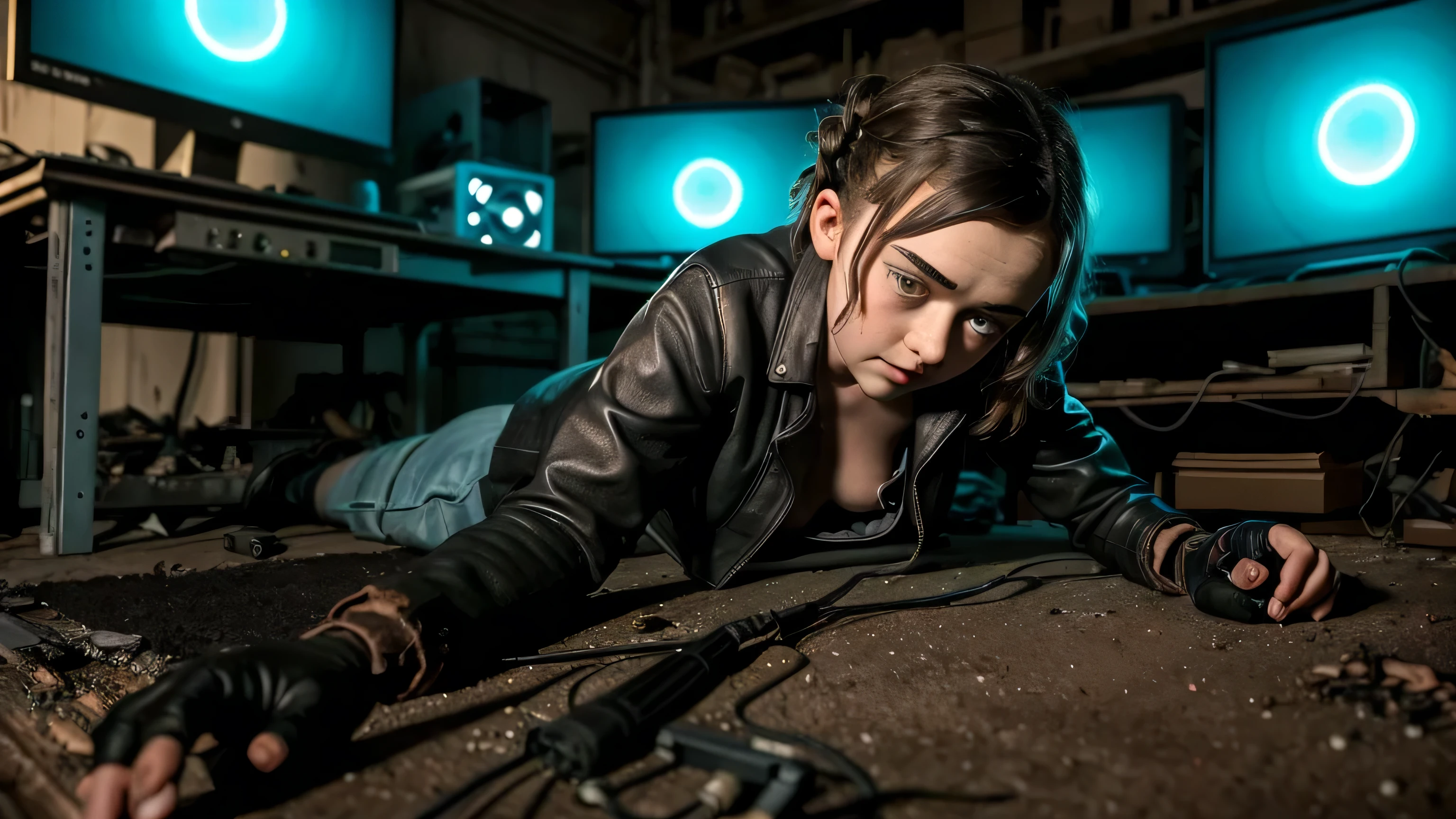 Maisie Williams lies on her back in an apocalyptic wasteland environment, zerrissene dunkelgraue Lederkleidung, detailliertes Gesicht, Dreamy look, Beine gespreizt, sehr kurze dunkle getragene Socken, Elektronische Laborwerkzeuge auf einer Werkbank und herumliegende Computerteile, Screens show dark user interfaces, LEDs on several devices illuminate the room and indicate activity