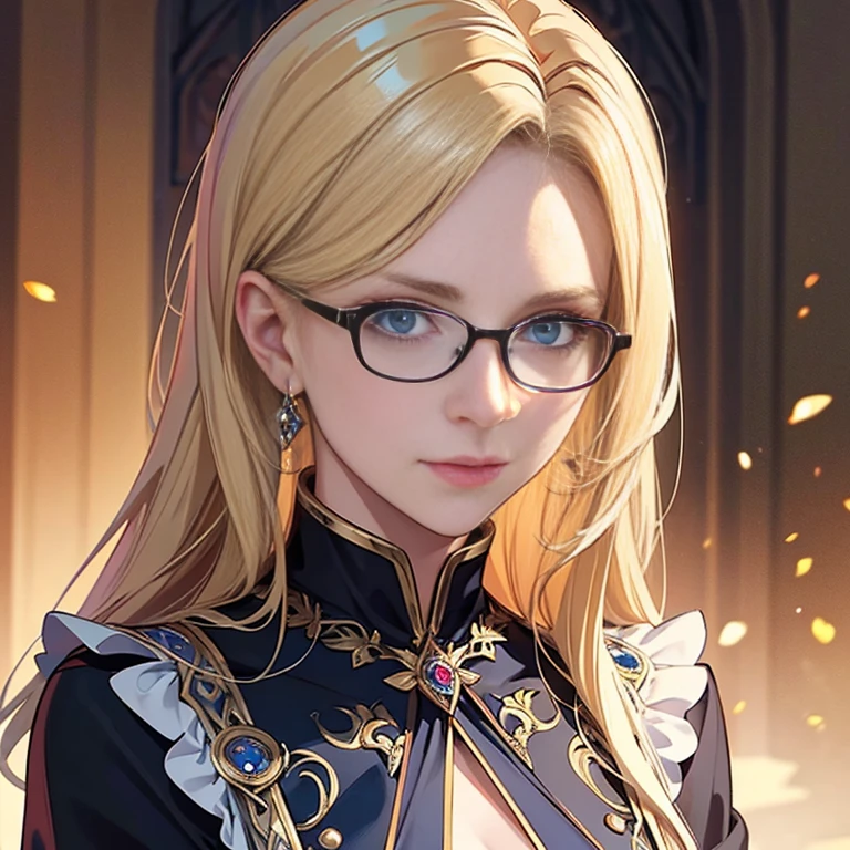 ((best quality)), ((masterpiece)), (detailed),High quality, Ultra detailed, best quality, insanely detailed, beautiful, masterpiece, Glasses,20s,Female,Wizard,Female Teacher,Blonde hair,Blue eyes,Caucasian,Evil female executive,A little more mature