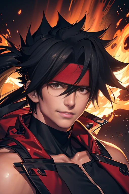 Two-dimensional, anime style, 1 man , solo, (male warrior), Sol Badguy , slim body, correct proportions, face details, martial arts, white pants, sleeveless red jacket , red bandana on his head, black tank top with turtleneck, black shoes, wearing sleeveless black gloves,wearing navy blue glasses, long ponytail hairstyle, light and shadow tracing, ray tracing, detail glow, CG rendering, hair details, long black hair, a lot of details, volcano environment,smiling joyfully, looking at the viewer, making his combat position, holding Junkyard Mark II, surrounded by flames