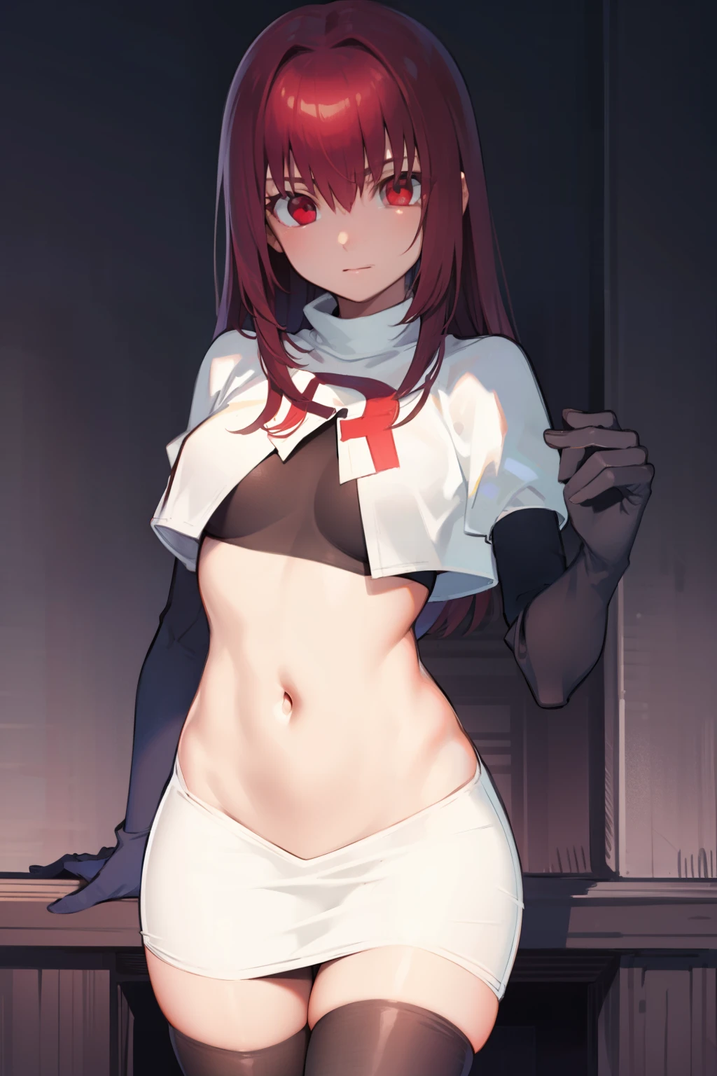 scathach, scathach, long hair, purple hair, (red eyes:1.5),
BREAK team rocket,team rocket uniform,white skirt,red letter R,crop top,black thigh-highs,black elbow gloves
BREAK looking at viewer,
BREAK (masterpiece:1.2), best quality, high resolution, unity 8k wallpaper, (illustration:0.8), (beautiful detailed eyes:1.6), extremely detailed face, perfect lighting, extremely detailed CG, (perfect hands, perfect anatomy),