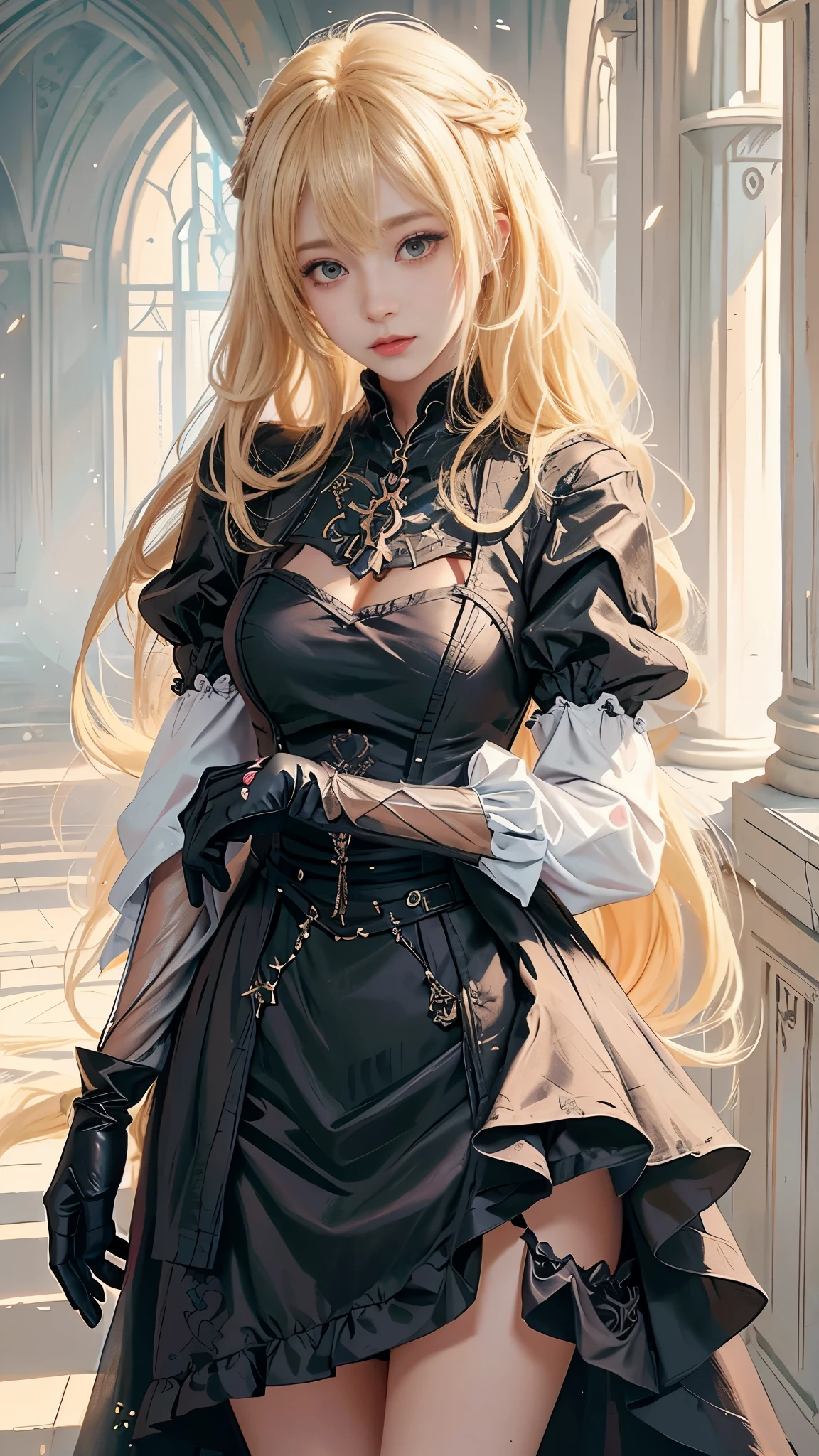a close up of a woman in a dress and gloves, anime girl wearing a black dress, cute anime waifu in a nice dress, gothic maiden anime girl, blonde anime girl with long hair, in dress, detailed portrait of anime girl, beautiful anime portrait, detailed anime character art, anime girl with long hair, beautiful anime woman, beautiful anime girl