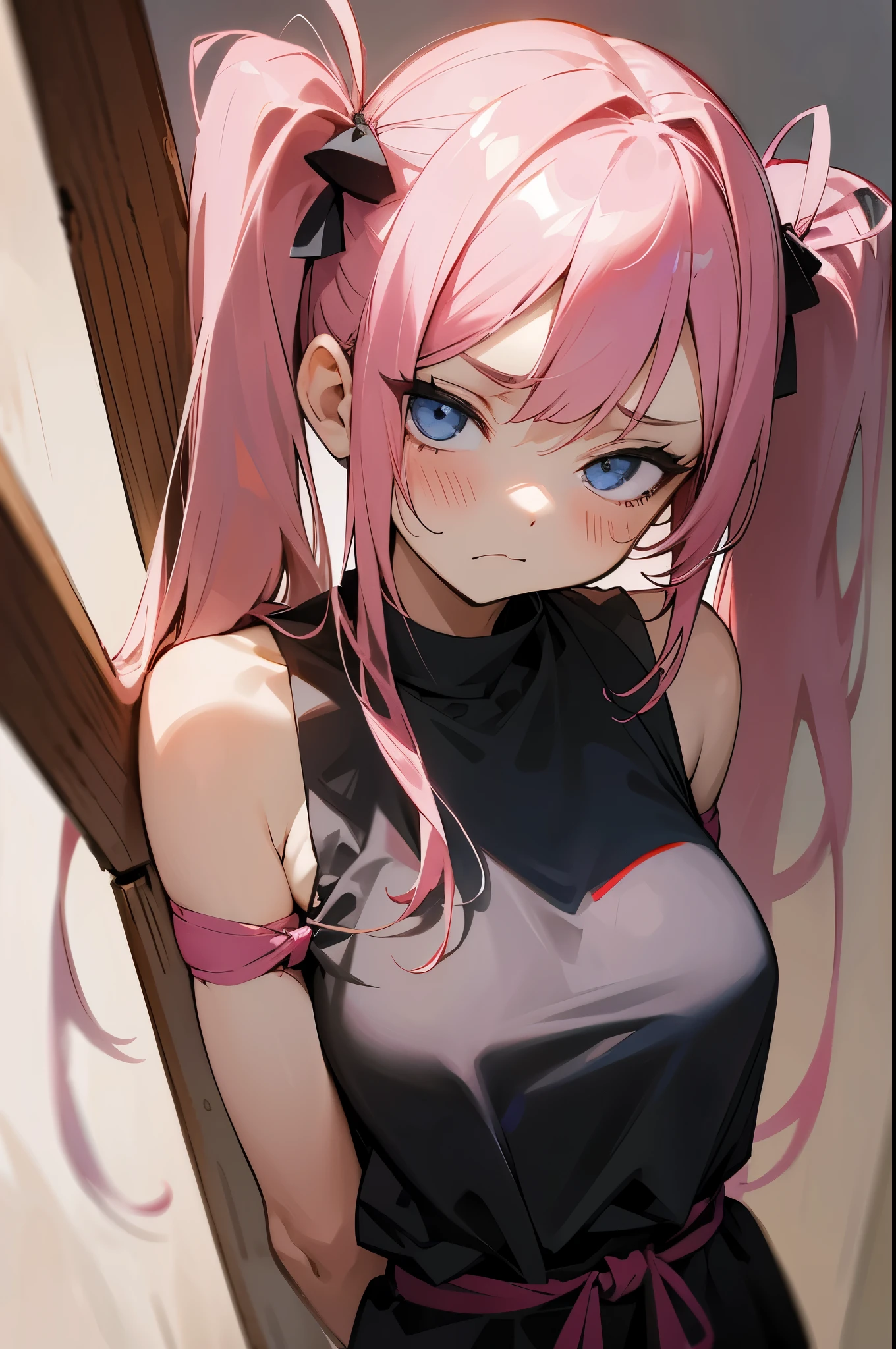Girl with pink hair、big twin tails、staring at me、squinting、disgusted face、Black sleeveless shirt、Tied up with a rope、Body tied up、Being crucified、tie、tieをつけている