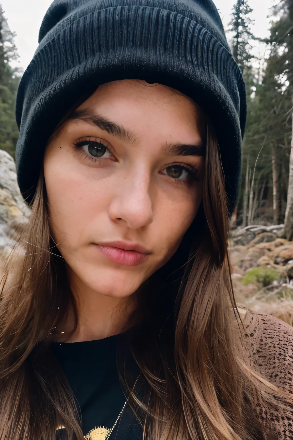 a 18 year old girl, duck face, young girl, girl, high cheekbones, brunette, long hair, insanely detailed and intricate, hypermaximalist, attractive, hyper-realistic, super detailed, high detailed skin, selfie, looking at camera, casual photo, photograph, upper body, solo, wearing pullover, outdoors, (night), mountains, real life nature, stars, moon, cheerful, happy, gloves, sweater, beanie, forest, rocks, river, wood, smoke, fog, looking at viewer, skin texture, photo grain, close up, RAW photo