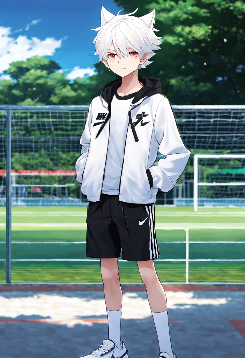 masterpiece，best quality，full body character， 
 boys，sports student，Handsome boy，，anime characters，animal ears，white hair，Upper body black Nike jacket，White short sleeves，Black compression pants on legs，Wearing black shorts，white sneakers，standing posture，Face clear on sports field background