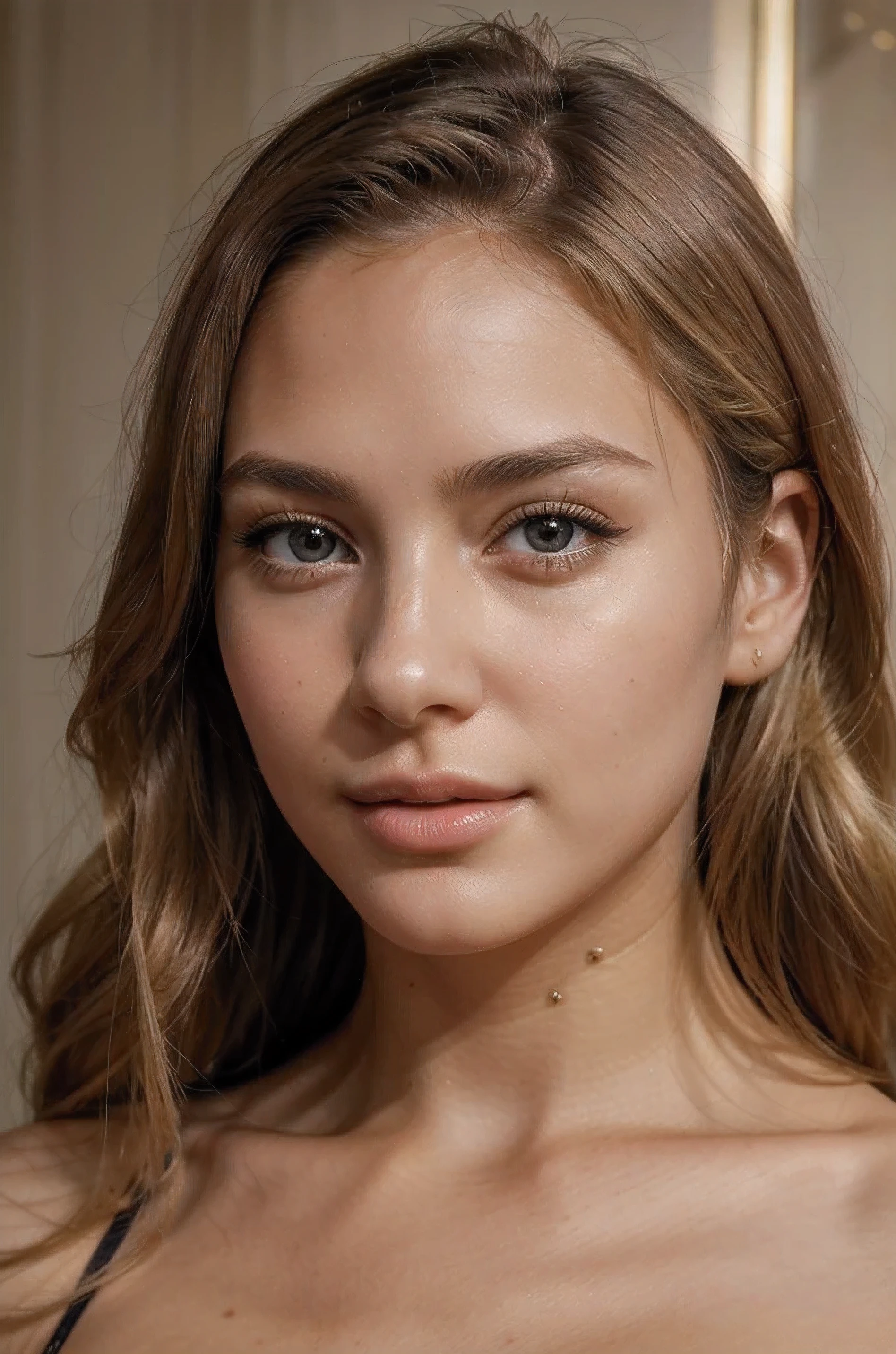 (best quality,4k,8k,highres,masterpiece:1.2),ultra-detailed,(realistic,photorealistic,photo-realistic:1.37),gorgeous 3D model with beautiful detailed eyes, beautiful detailed lips, and an extremely detailed face, long eyelashes, a Spanish girl with attractive and sexy features, a smiling expression on her face, captivating the audience with her charm and elegance, 21 years old with a youthful appearance, blonde hair cascading down her shoulders, a sophisticated and fashionable hairstyle, perfect skin with a radiant complexion, a flawless and polished look.

The model is portrayed in a close-up shot, her face prominently displayed. The background is minimalistic, with soft and warm lighting illuminating her features. The image showcases the model's natural beauty and the intricate details of her facial features.

The artwork is rendered in high-resolution, allowing for intricate details and realistic textures. The colors are vivid and vibrant, enhancing the overall visual impact of the image. The lighting is carefully crafted to accentuate the model's facial contours and highlight her captivating expressions.

This artwork exhibits a blend of portraiture and 3D rendering, creating a visually stunning representation of the model's face. The combination of the model's alluring features, the attention to detail, and the artistic execution results in a captivating and visually appealing image.

Keywords: 3D model, attractive, sexy, Spanish, girl, 21 years old, blonde hair, gorgeous, detailed eyes, detailed lips, flawless skin, radiant complexion, fashionable hairstyle, youthful appearance, close-up shot, soft lighting, high-resolution, realistic textures, vivid colors, portraiture, 3D rendering.