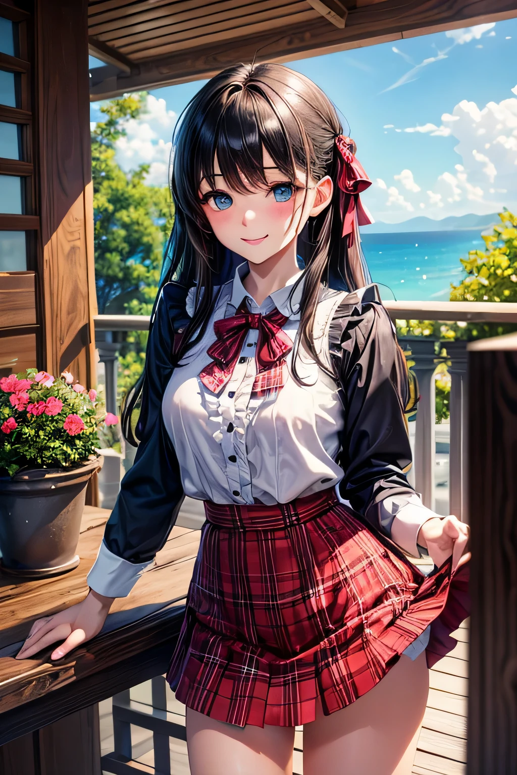 very cute and beautiful girl,(very detailed美しい顔と目:1.2),(smile),blush,cowboy shot, (white blouse with small frills),Long sleeve BREAK standing,(skirt lift,white panties), hair ribbon,black hair,(scarlet plaid ummer vacation,table and chairs,balcony,planter flowers,distant tree々and the sea, (highest quality,masterpiece:1.2),disorganized,High resolution,super detailed,very detailed,32K,8K resolution, intricate details,movie-like scene,detailed background,alone,dynamic angle,