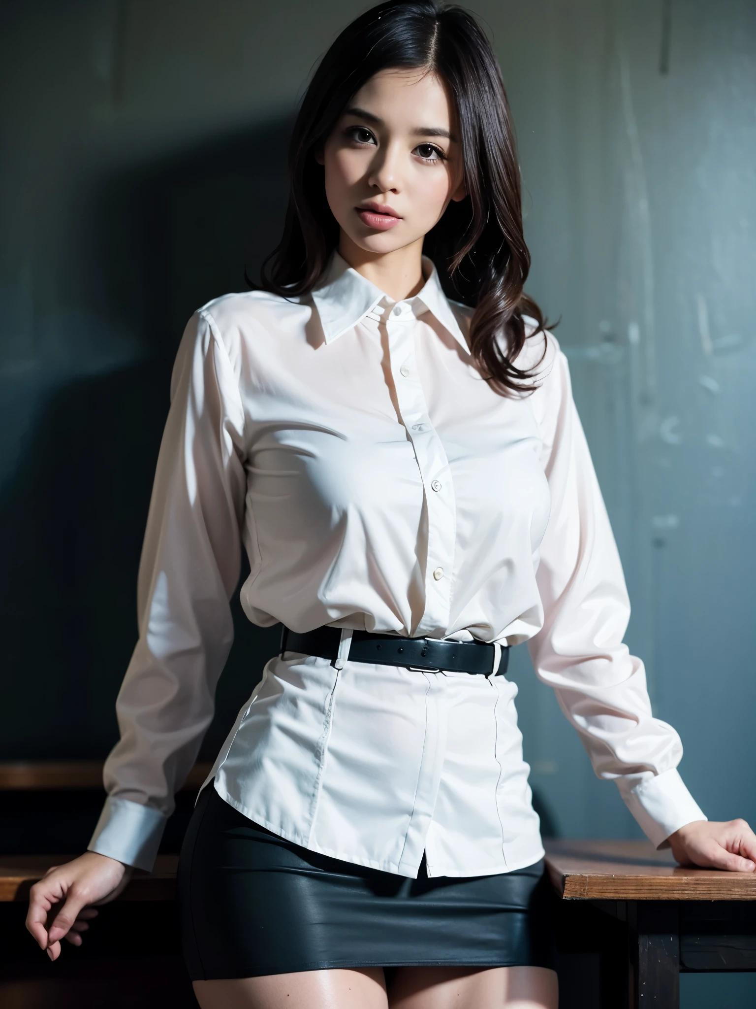 1 female, Stand in front of the chalkboard with pointer in hand, one book, gentlemen, short pencil skirt, black underwear, Translucent blouse, The top button of the blouse is undone,  uniform ,(masterpiece),(realistic:1.3), NFSW, Super detailed, (high resolution skin:1.2),(highest quality:1.0), (ultra high resolution:1.0)