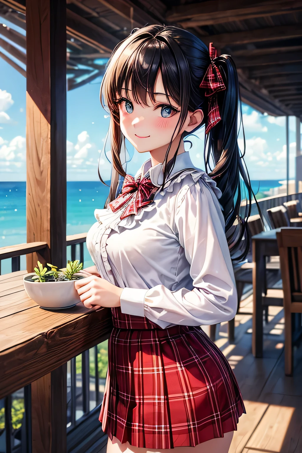 very cute and beautiful girl,(very detailed美しい顔と目:1.2),(smile),blush,cowboy shot, (white blouse with small frills),Long sleeve BREAK standing,(skirt lift,white panties), hair ribbon,black hair,(scarlet plaid ummer vacation,table and chairs,balcony,planter flowers,distant tree々and the sea, (highest quality,masterpiece:1.2),disorganized,High resolution,super detailed,very detailed,32K,8K resolution, intricate details,movie-like scene,detailed background,alone,dynamic angle,