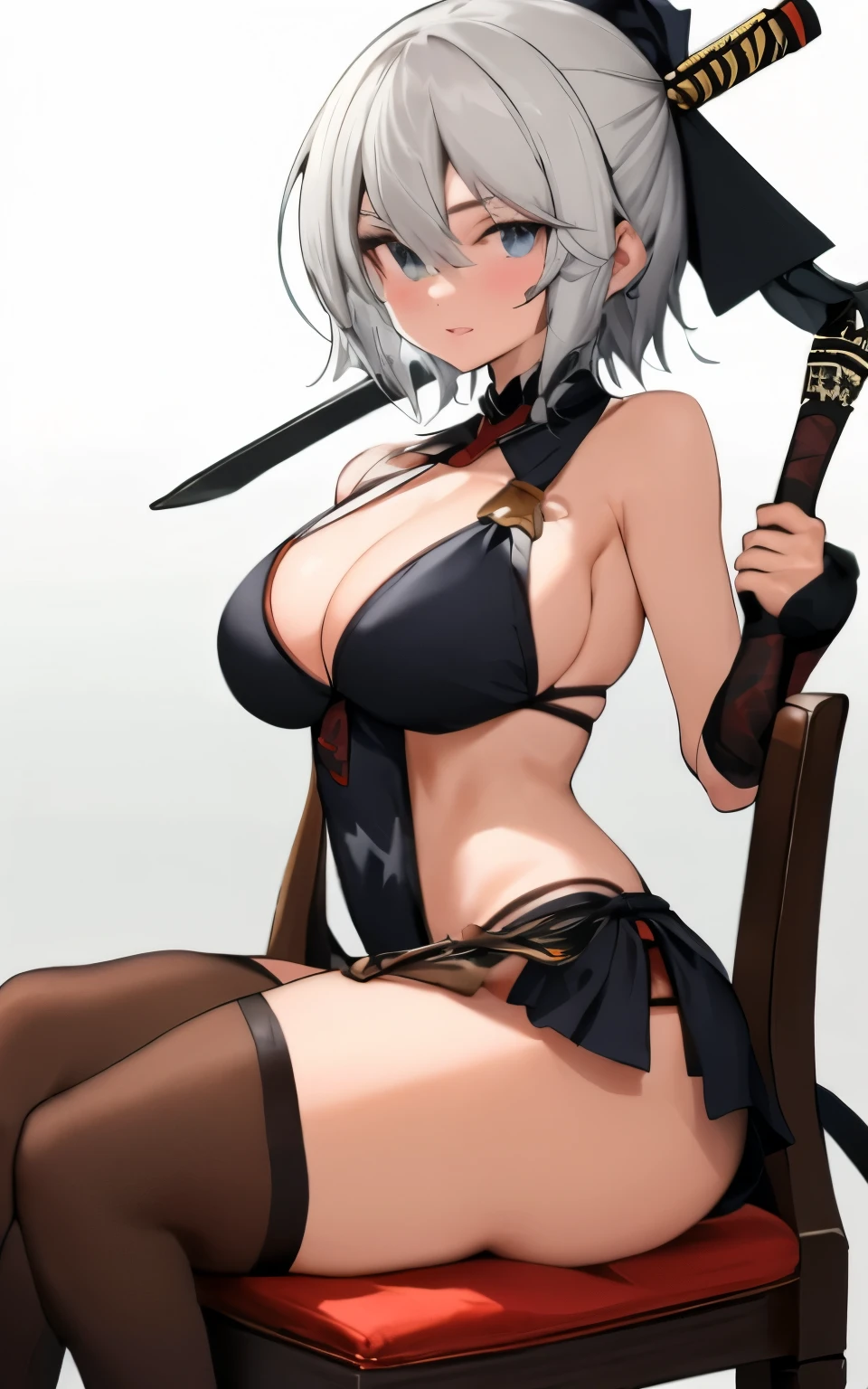 Japanese cartoons, A woman in a black dress sits in a chair,Sword in hand, rogue Japanese cartoons girl ayanami king,, Japan Ninja,warrior,scantily clad,PW,Seductive pose,Cock your ass,cleavage,,lace,bikini,sling,barefaced,A thousand flavors,Tube top,wife,miniskirt,wife,cute,