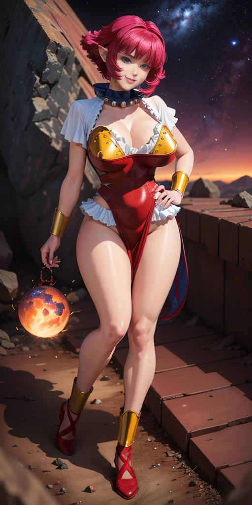 masterpiece, best quality, ultra-detailed, adult Cala 1girl, solo, super sayagin 5, full body, lustful smirking smile, red hair, spiky hair, red eyes, dougi, full body, looking at the viewer, female focus, earth \(planet\), planet, space, cracked soil and rocks rising, rubble rising,