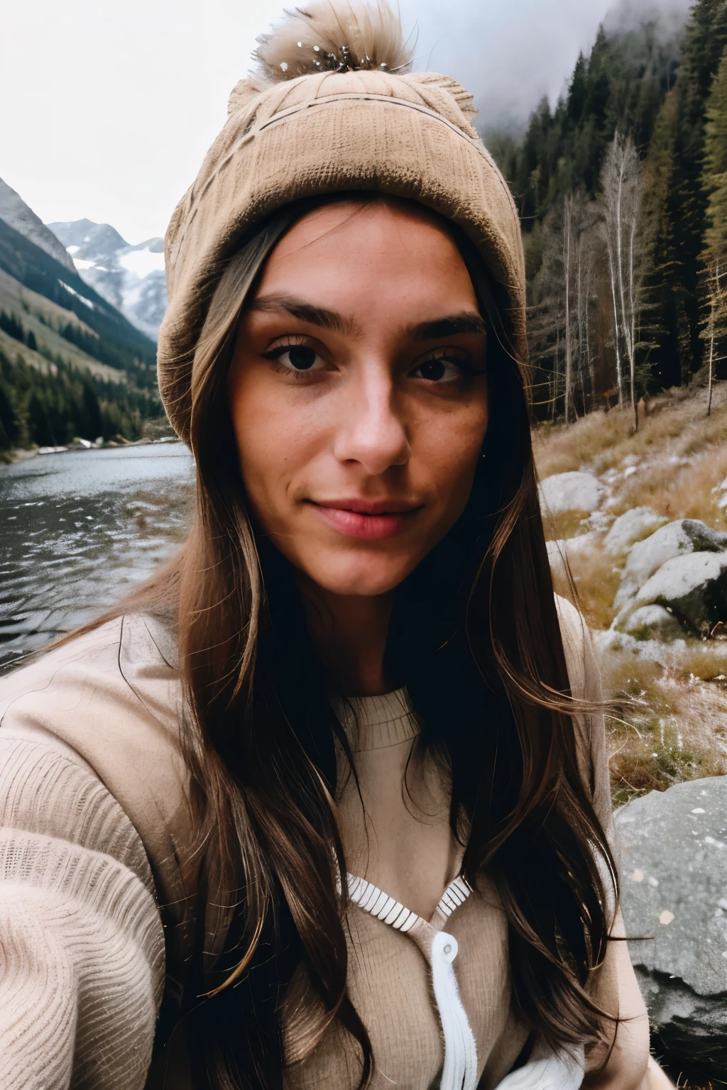 a 18 year old girl, young girl, girl, high cheekbones, brunette, long hair, insanely detailed and intricate, hypermaximalist, attractive, hyper-realistic, super detailed, high detailed skin, selfie, looking at camera, casual photo, photograph, upper body, solo, wearing pullover, outdoors, (night), mountains, real life nature, stars, moon, cheerful, happy, gloves, sweater, beanie, forest, rocks, river, wood, smoke, fog, looking at viewer, skin texture, photo grain, close up, RAW photo