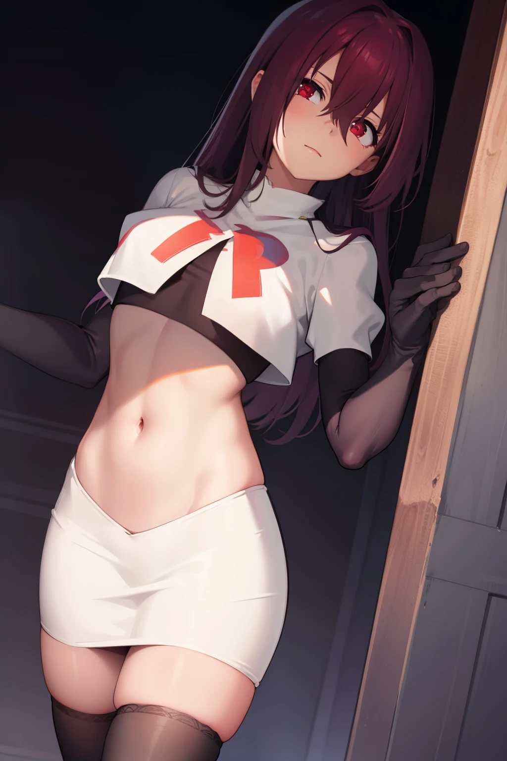 scathach, scathach, long hair, purple hair, (red eyes:1.5),
BREAK team rocket,team rocket uniform,white skirt,red letter R,crop top,black thigh-highs,black elbow gloves
BREAK looking at viewer,
BREAK (masterpiece:1.2), best quality, high resolution, unity 8k wallpaper, (illustration:0.8), (beautiful detailed eyes:1.6), extremely detailed face, perfect lighting, extremely detailed CG, (perfect hands, perfect anatomy),