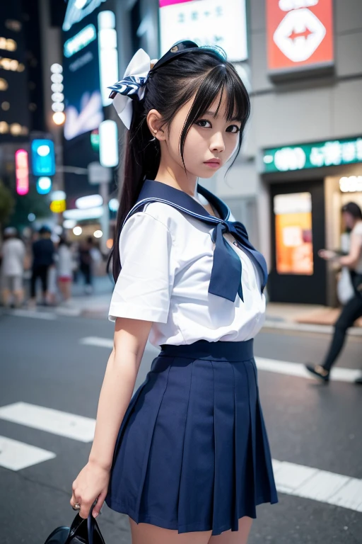 (8k, RAW photo, best quality, masterpiece:1.3),(realistic,photo-realistic:1.37),(night),(looking at viewer:1.331),(white hair),posing,Tokyo street,nightcityscape, cyberpunk city,soft light,1girl,extremely beautiful face,bust,put down hands,Random hairstyle,Random expression,big eyes, ,lower abdomen,(lshort-sleeved JK_sailor),JK_style,(dark blue JK_skirt) ,(bow JK_tie),mix4