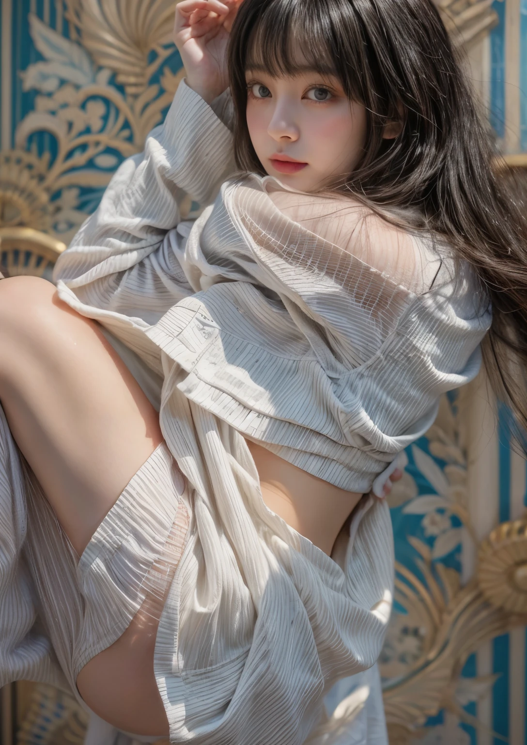 masterpiece、8K、32K、highest quality、(Detailed both eyes)、(cute japanese woman、bangs:1.3)、23 years old、1 girl、elegant、black hair、(oraloid photo:1.4)、Sexy Gravure、back、look here