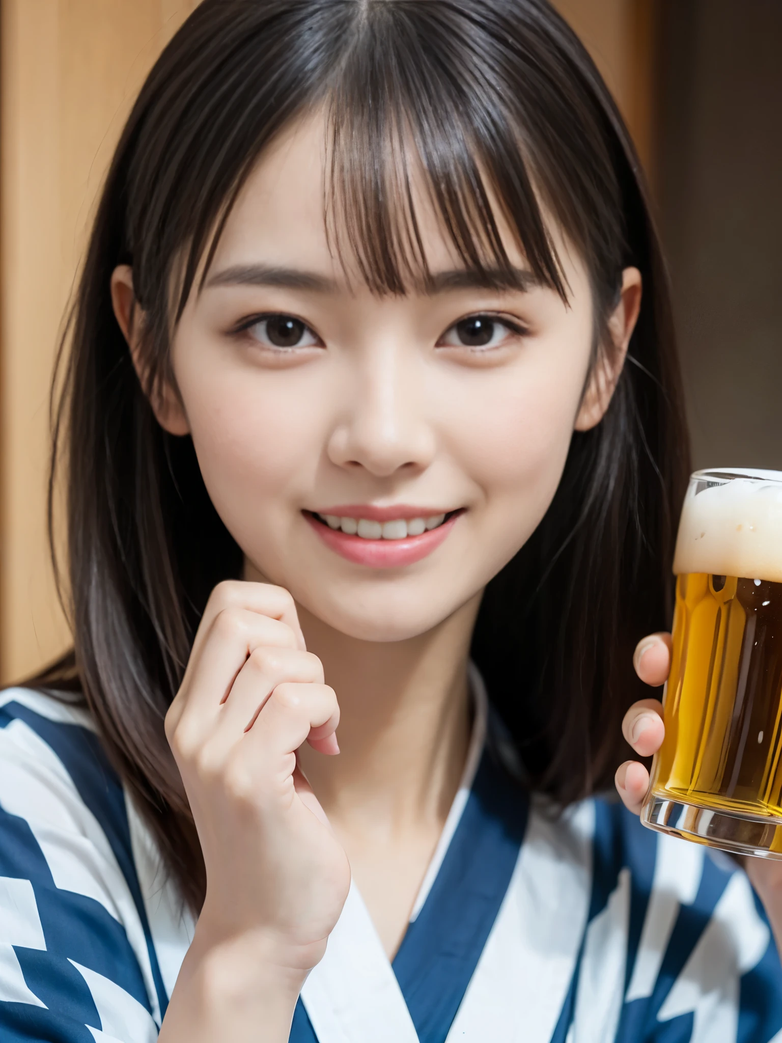 (Close up portrait of cute slender small breasts girl and long hair with dull bangs:1.5)、(Smiling girl wearing colorful yukata and holding glass of beer :1.3)、(Japanese style room:1.2)、(tre anatomically correct:1.3)、(complete hands:1.3)、(complete fingers:1.3)、Photorealsitic、Raw photography、masutepiece、top-quality、Hi-Res、delicate and pretty、face perfect、Beautiful detailed eyes、Fair skin、Real Human Skin、pores、((thin legs))、(Dark hair)