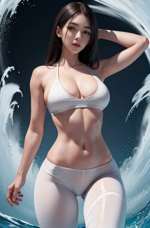 (Ultra Real), (Illustration), (High Resolution), (8K), (Very Detailed), (Best Illustration), (Beautiful Detailed Eyes), (Best Quality), (Ultra Detailed), (Masterpiece), (Wallpaper), (Detailed Face), Solo 1 Girl, White Wavy Hair, Korean, Black Hair, Loose White Shirt, Yoga Pants,, Long Legs, Tight Abs, Dynamic Pose, Bikini,