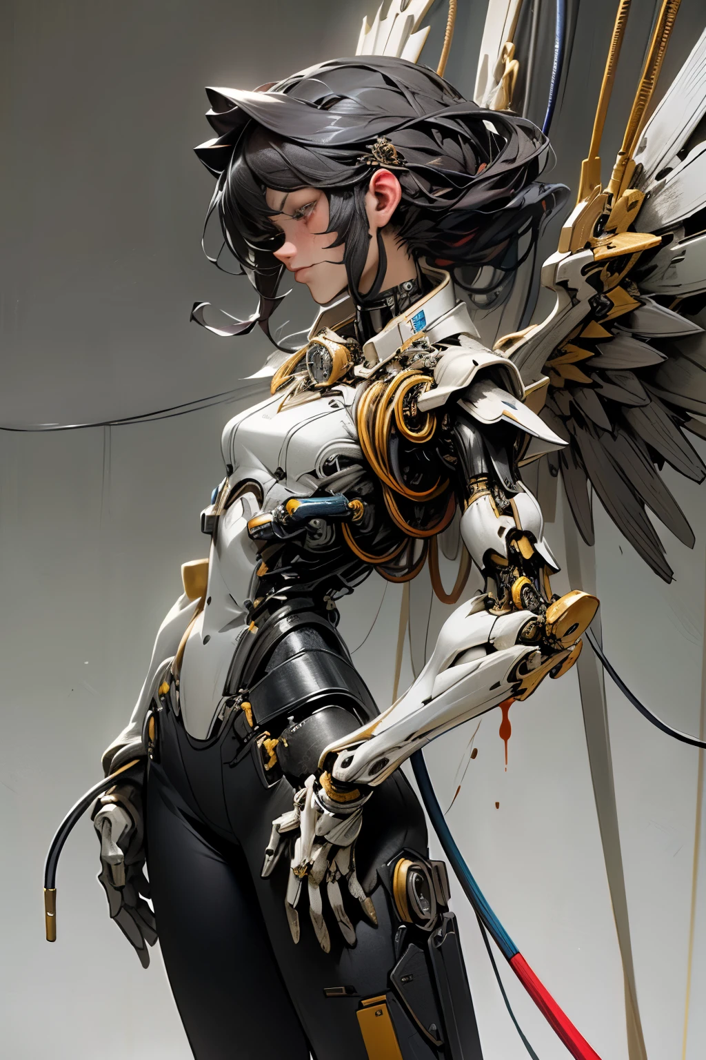 (NSFW, Top-quality, Super high resolution, Highres, 8k, UHD, Detailed lighting, Shaders, Realism), (((Masterpiece))), (((Best quality))), ((ultra-detailed)), (highly detailed CG illustration), (The ultimate beautiful girl, Very beautiful face), The most beautiful hair in the world, ((an extremely delicate and beautiful)),cinematic light,((1mechanical girl)),solo,(cowboy shot:1.2),(machine made wings, machine made joints:1.2),((machanical limbs)),(blood vessels connected to tubes),(mechanical vertebra attaching to back),((mechanical cervial attaching to neck)),expressionless,(wires and cables attaching to neck:1.2),(wires and cables on head:1.2),(character focus),science fiction,extreme detailed,colorful,highest detailed, loongs,fengs,background
