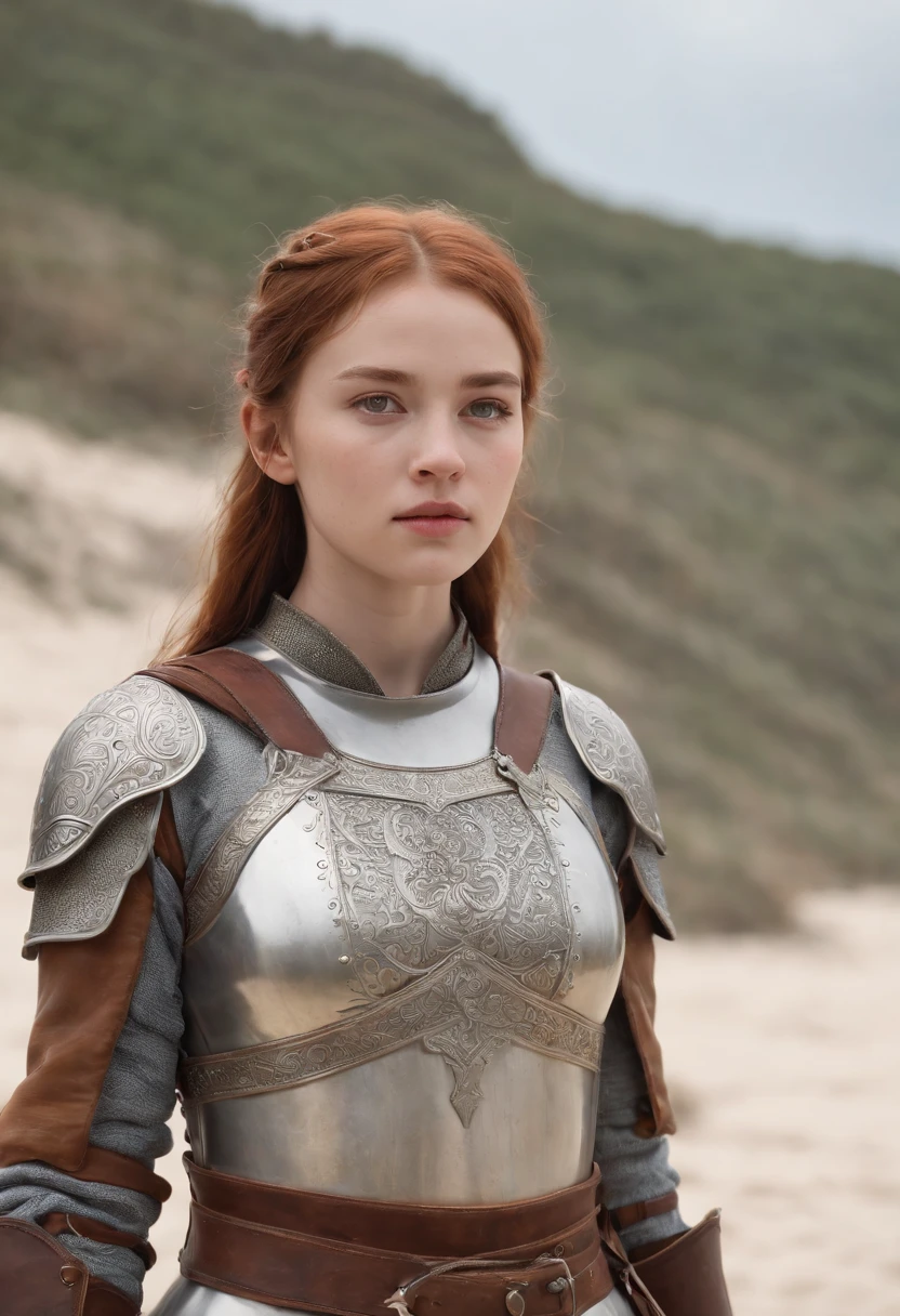 女の子のwhole bodyの写真、Norwegian girl 13 years old、Redhead ponytail、dusty face、wearing leather armor、Girl standing against the background of a sandy beach、sword in hands、Wind、whole bodyのphotorealism、sharp focus、realな顔の肌、heavy atmosphere、view、erotic face、medieval female knight、Beautiful 13 year old girl、whole body、hyper quality、High definition、real、photorealism、16k、4k、cinematic、