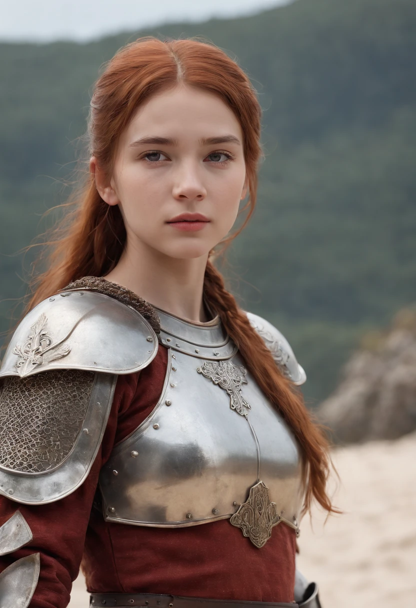 女の子のwhole bodyの写真、Norwegian girl 13 years old、Redhead ponytail、dusty face、wearing leather armor、Girl standing against the background of a sandy beach、sword in hands、Wind、whole bodyのphotorealism、sharp focus、realな顔の肌、heavy atmosphere、view、erotic face、medieval female knight、Beautiful 13 year old girl、whole body、hyper quality、High definition、real、photorealism、16k、4k、cinematic、