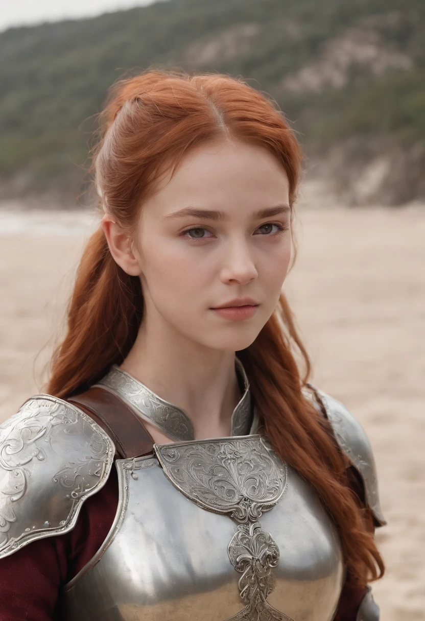 のwhole bodyの写真、Norwegian girl 13 dhead ponytail、dusty face、wearing leather armor、Girl standing against the background of a sandy beach、sword in hands、Wind、whole bodyのphotorealism、sharp focus、realな顔の肌、heavy atmosphere、view、erotic face、medieval female knight、Beautiful 13 year old girl、whole body、hyper quality、High definition、real、photorealism、16k、4k、cinematic、