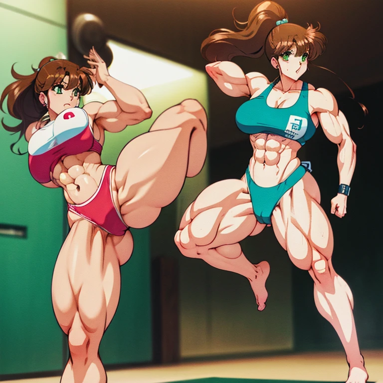 (Eine detaillierte Zeichnung von makoto, female Bodybuilding ans Karate fighter, bodybuilding gym.), Karate gi, shirtless, barefoot, squats,Dumbbells ,Big muscle, abs, Most muscular