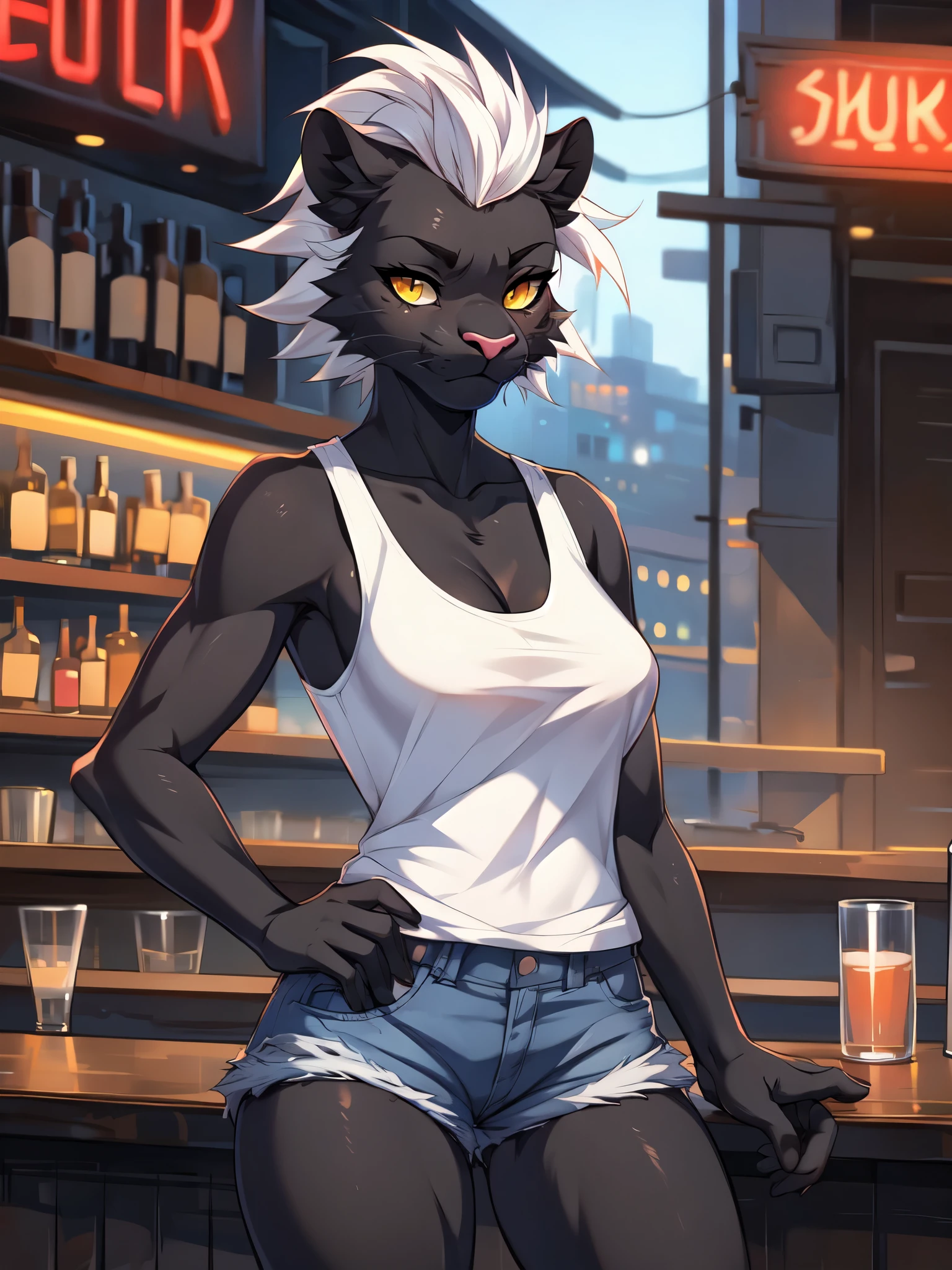 by fumiko, by hyattlen, by hioshiru, a black panther female, yellow eyes, cute panther snout, pink panther nose, black panther ears, white hair, faux hawk hair, black cat tail, toned body, tall, white tank top, cut off jean shorts, black combat boots, medium breasts, hands on her hips, standing outside of a busy bar, serious face, furrowed eyebrows