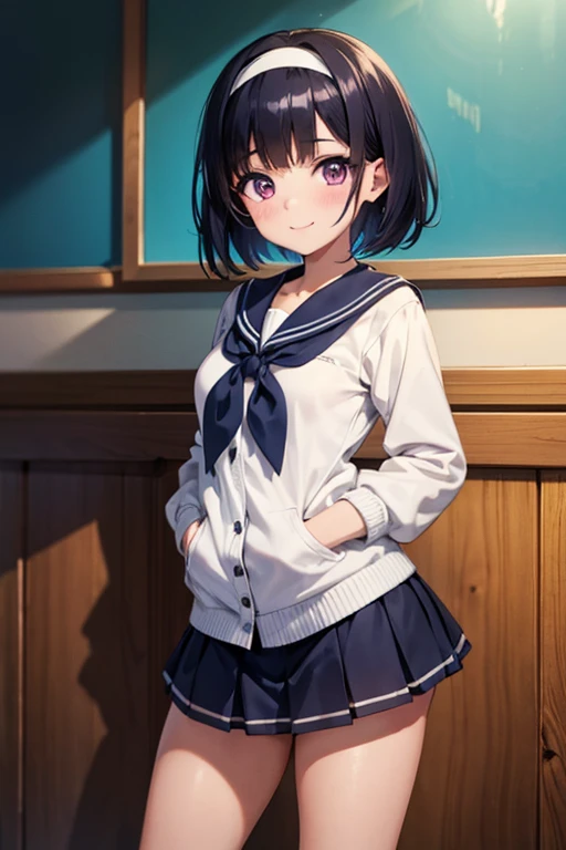 Anime girl with black hair and a sailor suit, navy blue sailor uniform, high school girl, anime style, Rendering of anime girls, realistic young anime girl, Smooth anime CG art, headband, smile, cute, white scarf for sailor suit, 3 lines, purple eyes, small breasts, tall, Straight hair, short bob cut,long skirt, slanted eyes,