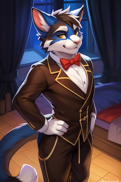 Solo, standing, anthropomorphic female cat, elegant, wearing a tuxedo with bow tie and bowtie, cartoon, illustration of a cat, by chunie, by mystikfox61, by glitter trap boy, by null-ghost, by morethreedee, by seibear, by jaykat, by enro the mutt, by chung0 0, by glopossum, by sinsquared, by crazydrak, by poofroom, by drake1dragon, by personalami, by katarhein, Schrödinger's cat:
A solitary, elegant anthropomorphic female cat stands