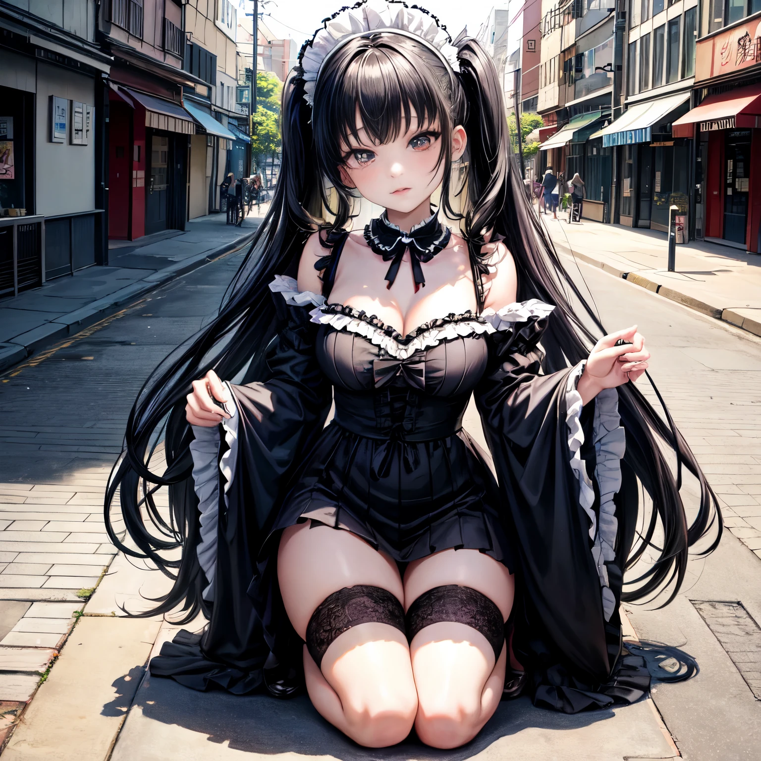 a scene of the movie that （（black goth maid outfit with cute frills））, （（（（full Body Portrait））））full Body Portrait Pictures of very beautiful cute Japanese babe  for combat, （（The girl has moisted large eyes and beautiful eyelashes.）） （（（Background is an alley in Akihabara with colorful advertising billboards shining neon signs.））））,masterpiece portrait, dramatic angle, dramatic shadows.