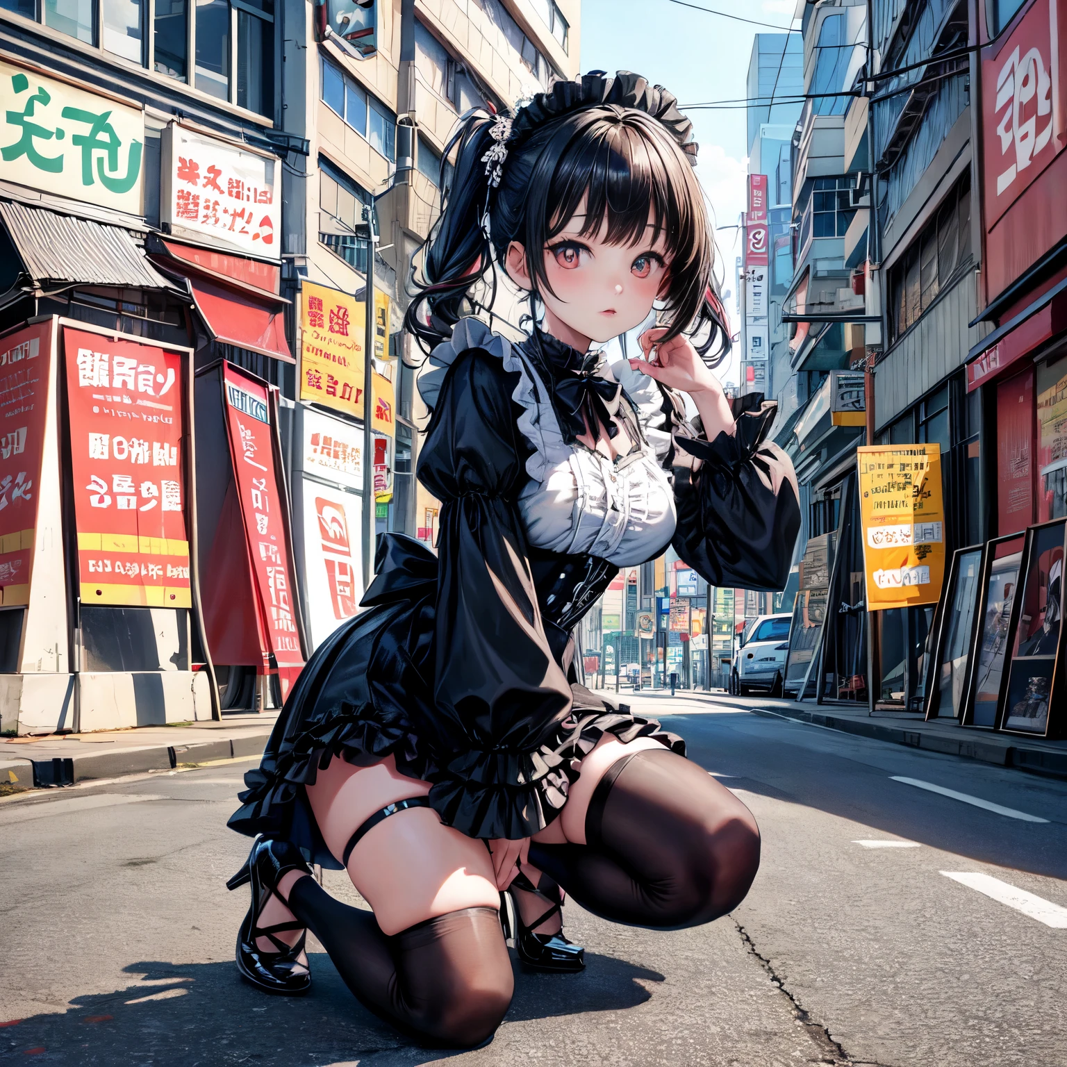 a scene of the movie that （（black goth maid outfit with cute frills））, （（（（full Body Portrait））））full Body Portrait Pictures of very beautiful cute Japanese babe age 14 for combat, （（The girl has moisted large eyes and beautiful eyelashes.）） （（（Background is an alley in Akihabara with colorful advertising billboards shining neon signs.））））,masterpiece portrait, dramatic angle, dramatic shadows.