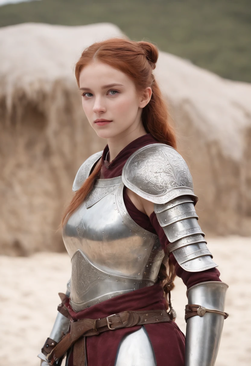 手に剣を持った女の子のwhole bodyの写真、Norwegian girls、beautiful girl、Redhead ponytail、dusty face、wearing leather armor、Girl standing against the background of a sandy beach、Wind、whole bodyのphotorealism、sharp focus、realな顔の肌、heavy atmosphere、view、erotic face、medieval female knight、Beautiful 13 year old body、hyper quality、High definition、real、photorealism、16k、4k、cinematic、