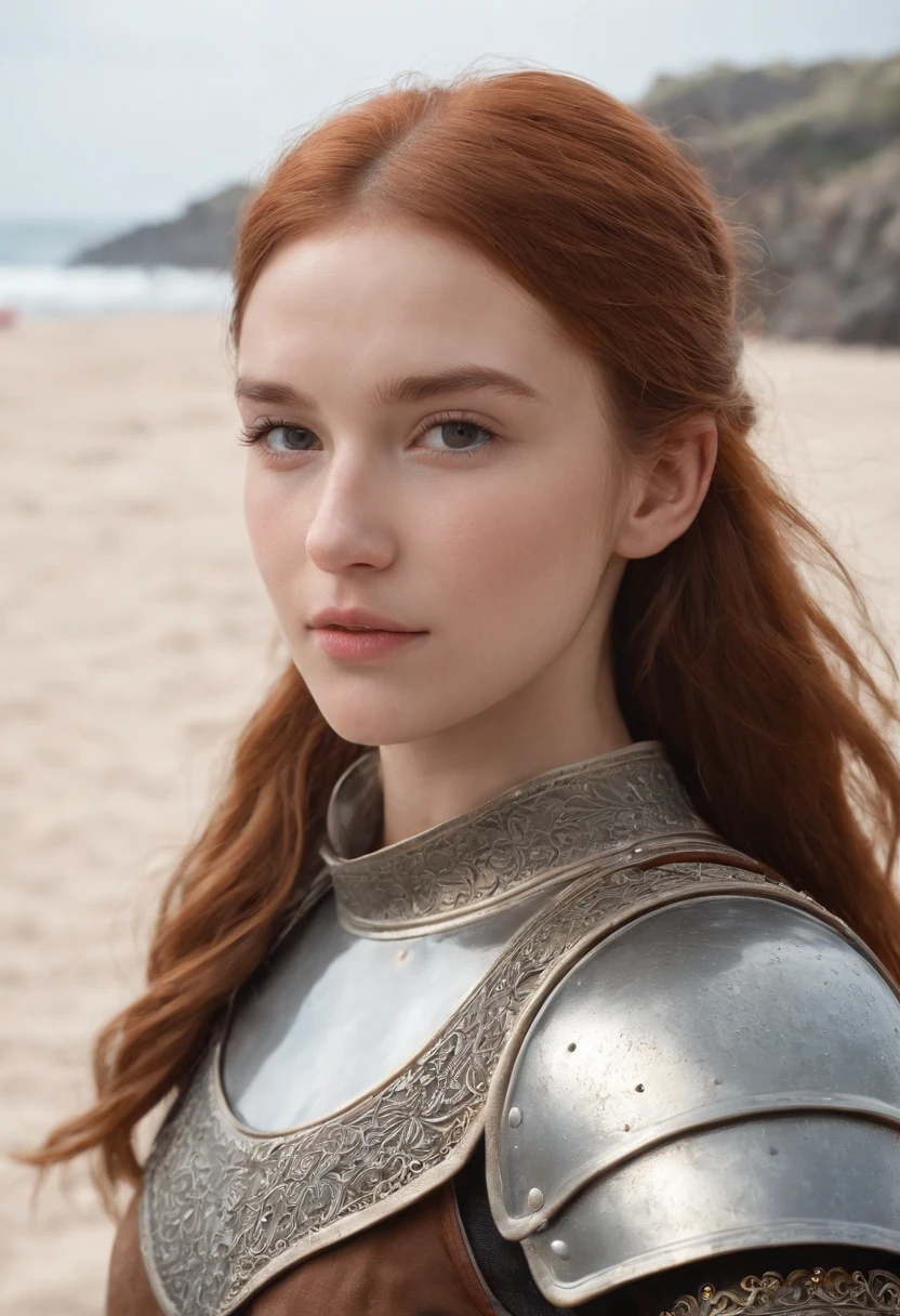 手に剣を持った女の子のwhole bodyの写真、Norwegian girls、beautiful 13 year old girl、Redhead ponytail、dusty face、wearing leather armor、Girl standing against the background of a sandy beach、Wind、whole bodyのphotorealism、sharp focus、realな顔の肌、heavy atmosphere、view、erotic face、medieval female knight、Beautiful 13 year old girl、whole body、hyper quality、High definition、real、photorealism、16k、4k、cinematic、