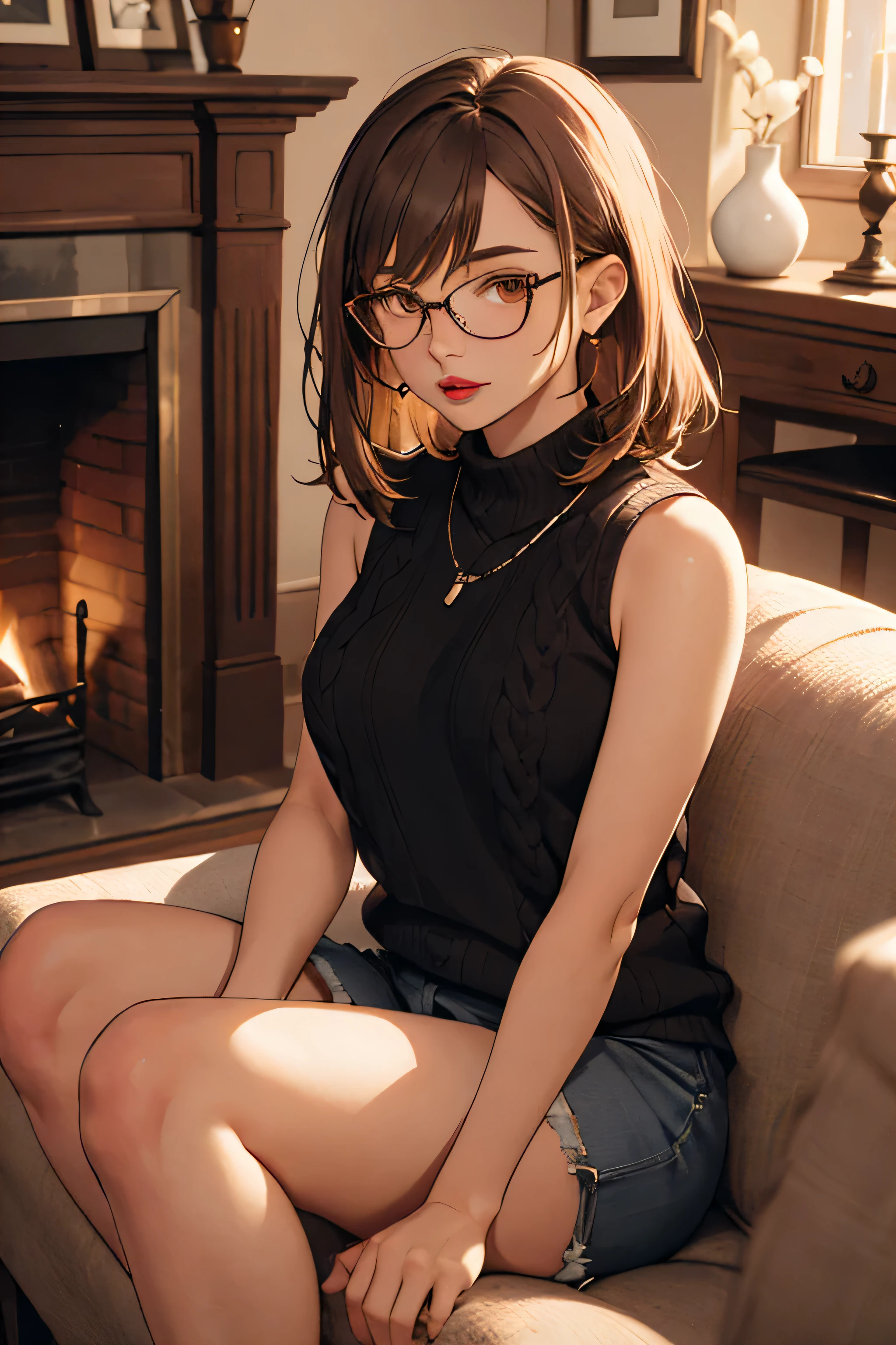 ((best quality)), ((masterpiece)), (detailed), Ridiculous resolution, high resolution, (masterpiece:1.4), Hyper-detailing, a woman. she is 17 years old. Brown hair. She has bangs in her hair. Red lips. glasses (Ultra detailed brown eyes)). she is lying by the fireplace on a sofa. She is wearing a sleeveless woolen sweater. Wool Shorts. necklace. full body shot.
