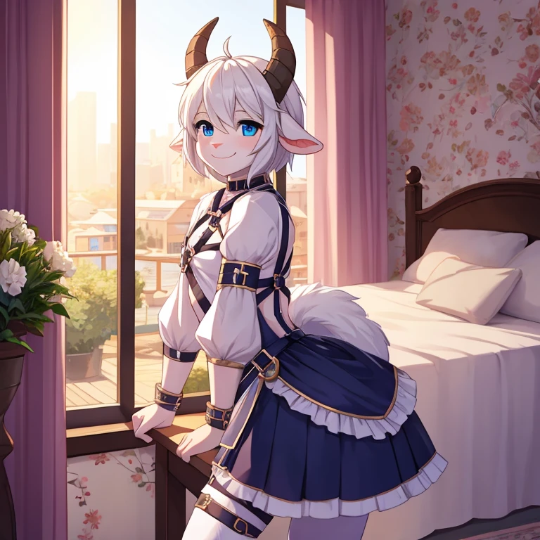 Male,femboy, feminine, goat, feminine outfit, smile, stood up, harness, blue eyes, detailed background, bedroom background, white hair