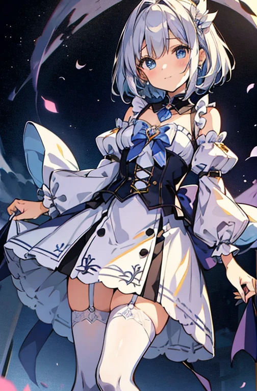 ((highest quality))、((8K))、((High resolution))、((masterpiece、Super detailed))、一人little girl、(height 140cmlittle girl)、((Looking at the camera from the front))、((photo from the knees up))、((standing))、beautiful and delicate blue eyes、beautiful smooth silver hair、Fluffy short hair、gentle and adorable big eyes、smile、((Perfect and beautiful fingertips))、A wearing a silver magical girl costume、flat chest、(white stockings)