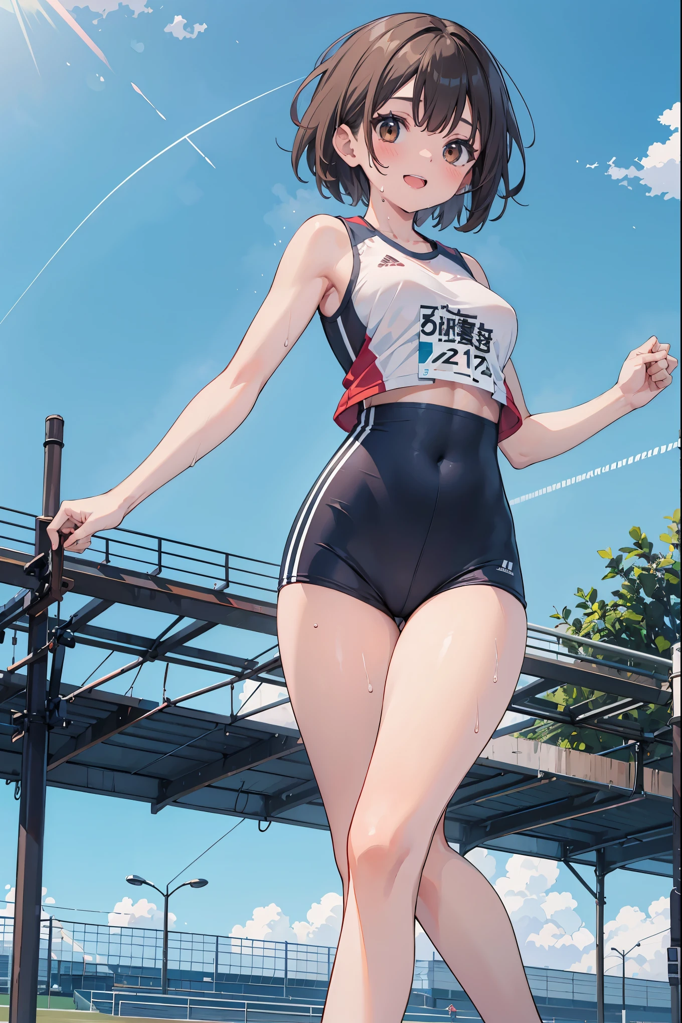 zydG, 1girls, Front view, stand, looking the viewer, exposed skin, (from below),brown-eyed, (brown veryshort hair:1.2), (light hair), (medium breasts:1.4), smile with white teeth, (photorealestic:1.4), (Top image quality:1.0), (UltraHighResolution:1.0), 8K, Raw photography, (A masterpice:0.2), track and field uniforms, show abs, (sweat, wetty:1.1), portlate, facefocus, ful body,(pureerosface_v1:0.5), outdoor, track and field,