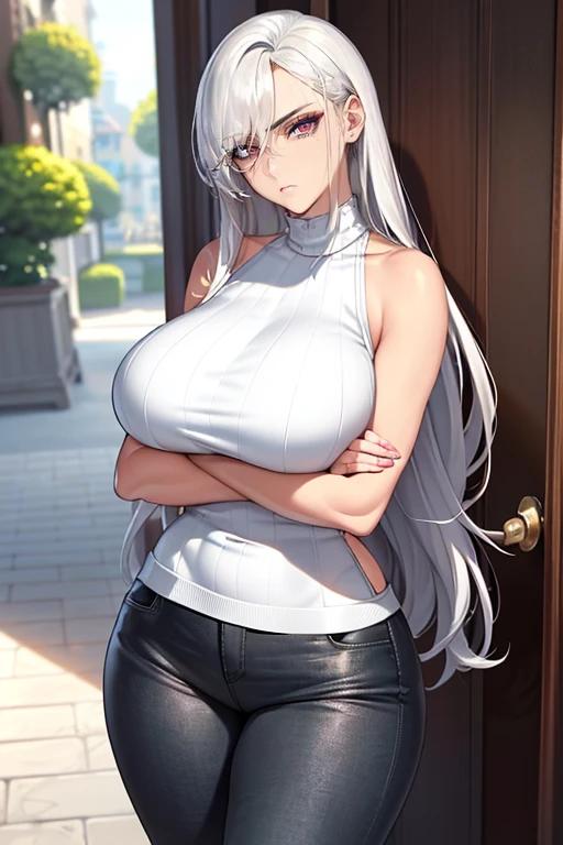 (Best quality, 4k, Masterpiece :1.3, 8k, ultra-detailed, ultra-masterpiece), mature pretty woman, ultra-detailed face, detailed lips, full lips, detailed eyes, double eyelid, wide hips, thick thighs, smooth skin, (big breasts:1.4), ((white hair)), ((red eyes)), ((thicc body)), tall, skinny jeans and a black leather jacket over a white tank top, (Looking at you with disdain), crossed arms, Stopped at the doorstep, hallway room background, door in the background, ((white sweater top)), leather jacket over it, (thicc girl, tall girl)