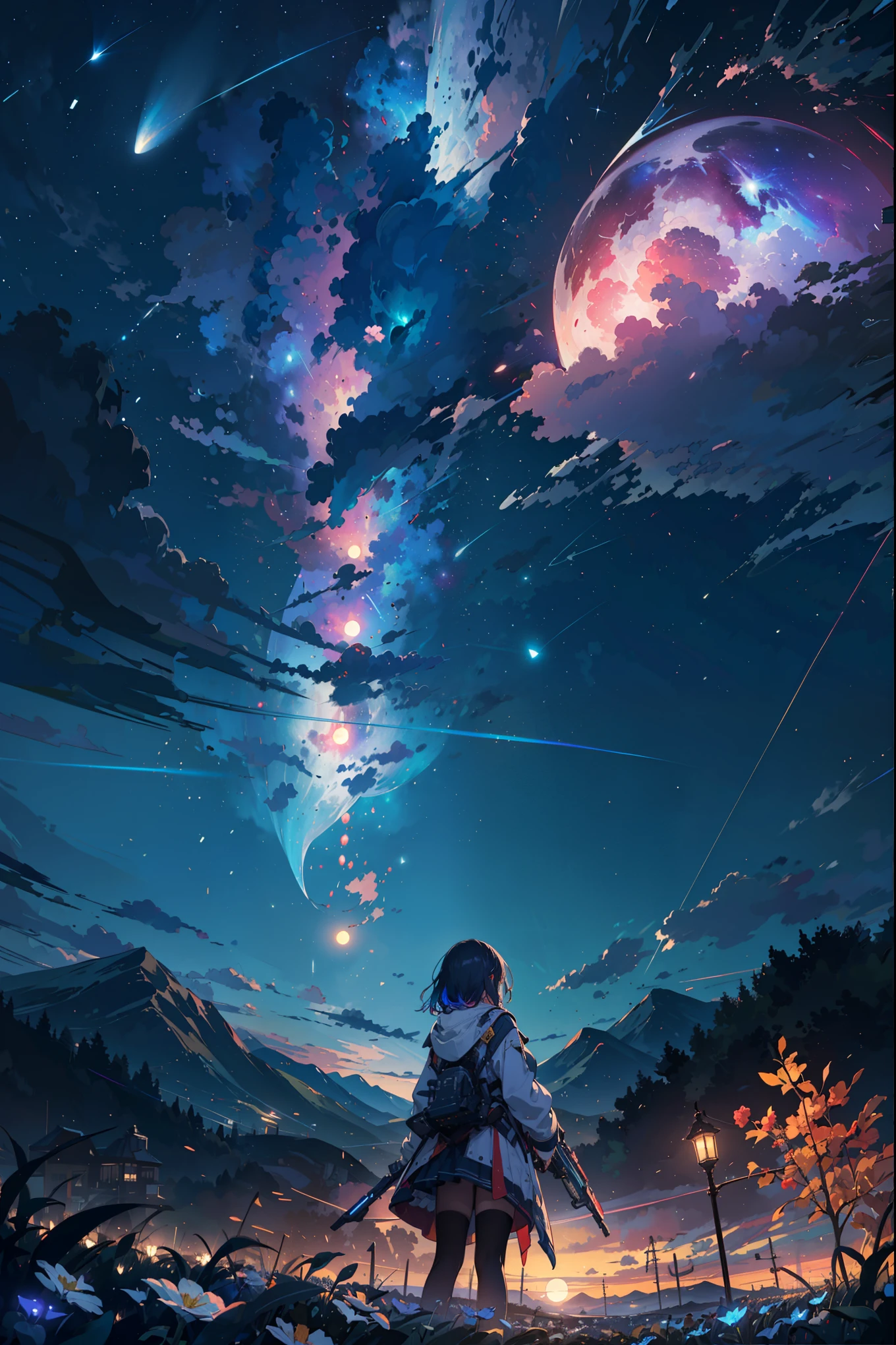 キャラクターにスポットをあてたイラスト、expansive landscape photograph , (a view from below that shows sky above and open field below), a girl standing on flower field looking up, (full moon:1.2), ( shooting stars:0.9), (nebula:1.3), distant mountain, tree BREAK
production art, (warm light source:1.2), (Firefly:1.2), lamp, lot of purple and orange, intricate details, volumetric lighting, realism BREAK
(masterpiece:1.2), (best quality), 4k, ultra-detailed, (dynamic composition:1.4), highly detailed, colorful details,( iridescent colors:1.2), (glowing lighting, atmospheric lighting), dreamy, magical, (solo:1.2)