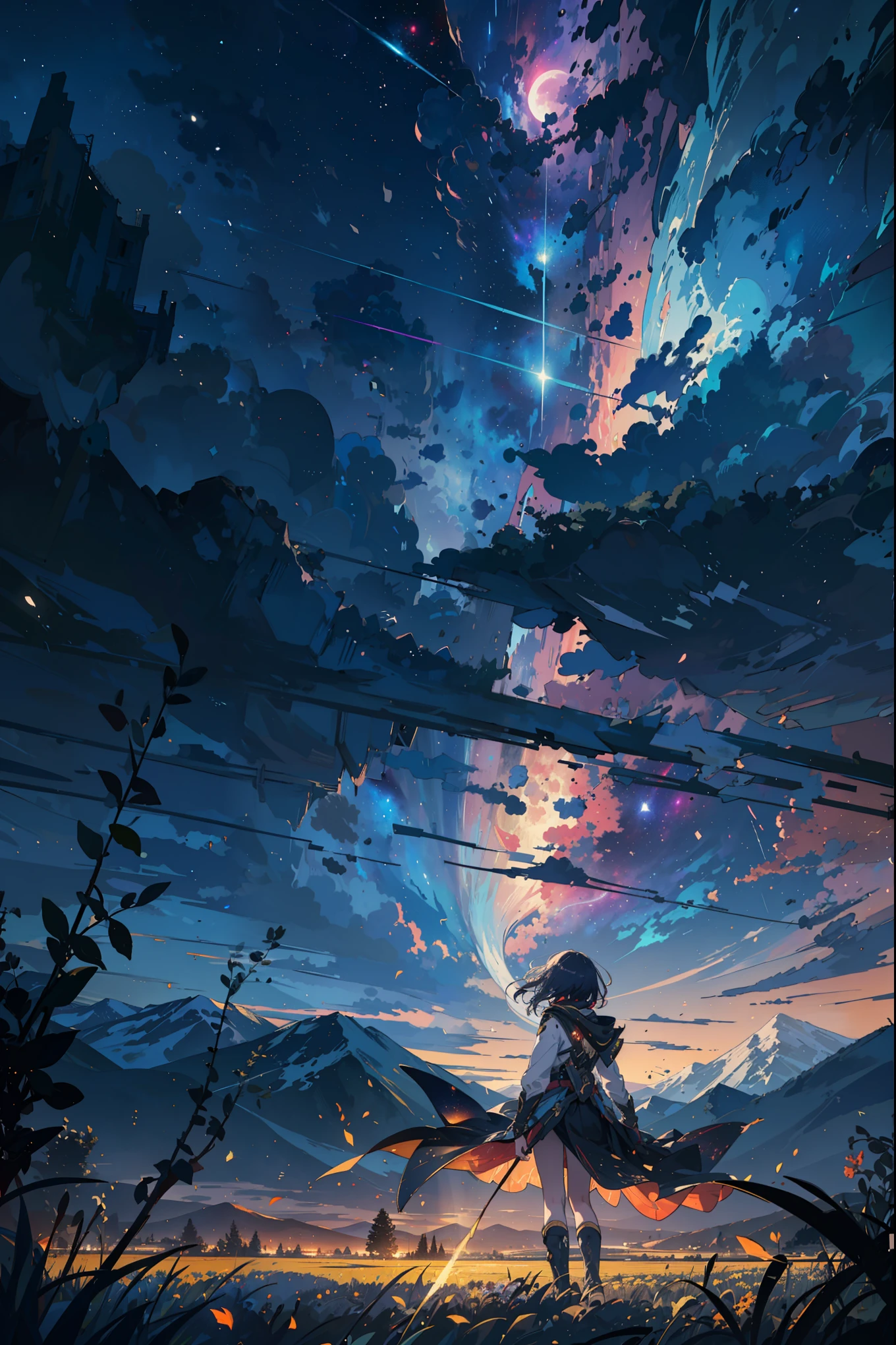 キャラクターにスポットをあてたイラスト、expansive landscape photograph , (a view from below that shows sky above and open field below), a girl standing on flower field looking up, (full moon:1.2), ( shooting stars:0.9), (nebula:1.3), distant mountain, tree BREAK
production art, (warm light source:1.2), (Firefly:1.2), lamp, lot of purple and orange, intricate details, volumetric lighting, realism BREAK
(masterpiece:1.2), (best quality), 4k, ultra-detailed, (dynamic composition:1.4), highly detailed, colorful details,( iridescent colors:1.2), (glowing lighting, atmospheric lighting), dreamy, magical, (solo:1.2)