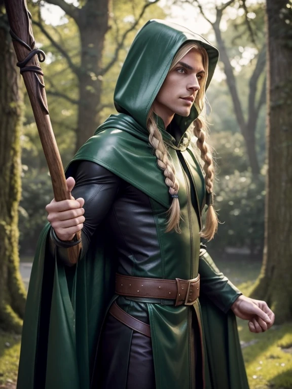 male elf, detailed elf ears, skinny, toned muscles, long braided blonde hair, green leather cape, green leather hood, black leather robe, full body view, vertical oak staff,
