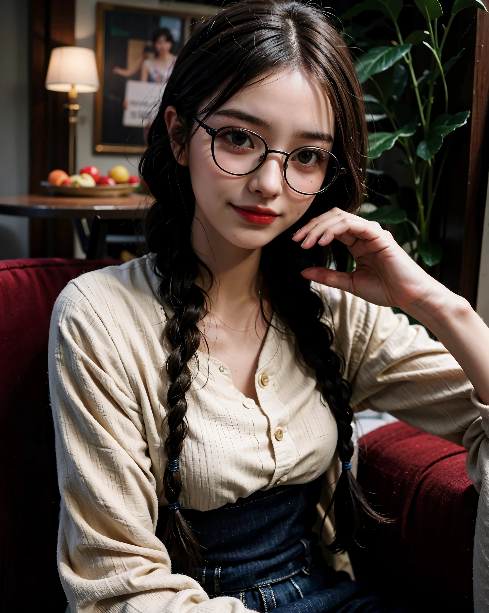 Top quality, one beautiful woman, 20 years old, 35mm lens, f/1, dark brown eyes, glasses, braids, black hair, pale skin, medium chest, slendar body look at viewer, smile,