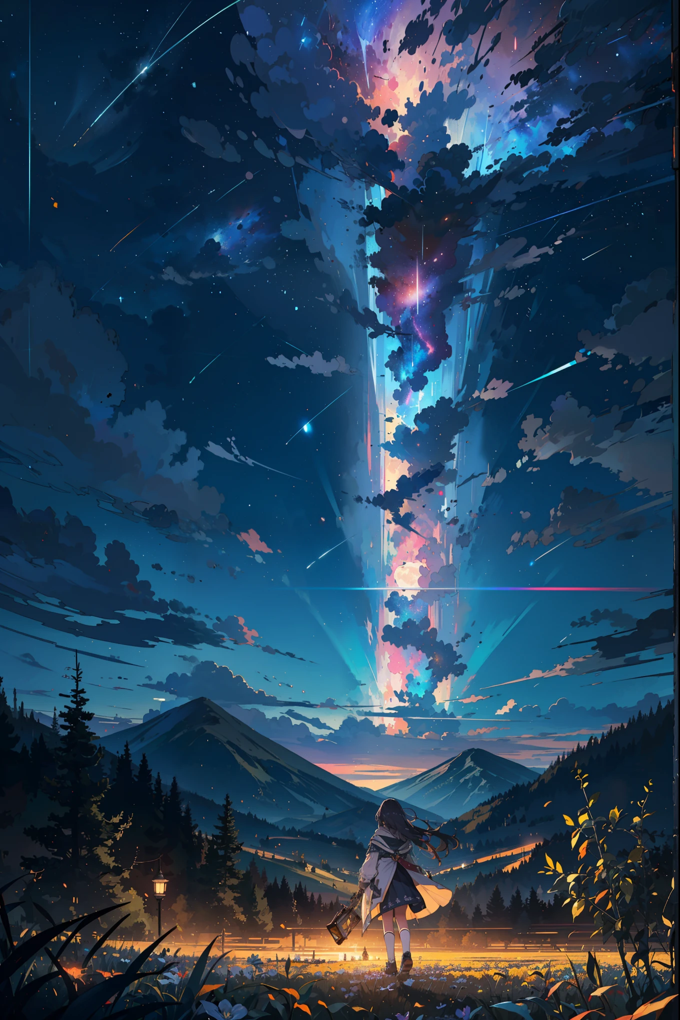 キャラクターにスポットをあてたイラスト、expansive landscape photograph , (a view from below that shows sky above and open field below), a girl standing on flower field looking up, (full moon:1.2), ( shooting stars:0.9), (nebula:1.3), distant mountain, tree BREAK
production art, (warm light source:1.2), (Firefly:1.2), lamp, lot of purple and orange, intricate details, volumetric lighting, realism BREAK
(masterpiece:1.2), (best quality), 4k, ultra-detailed, (dynamic composition:1.4), highly detailed, colorful details,( iridescent colors:1.2), (glowing lighting, atmospheric lighting), dreamy, magical, (solo:1.2)