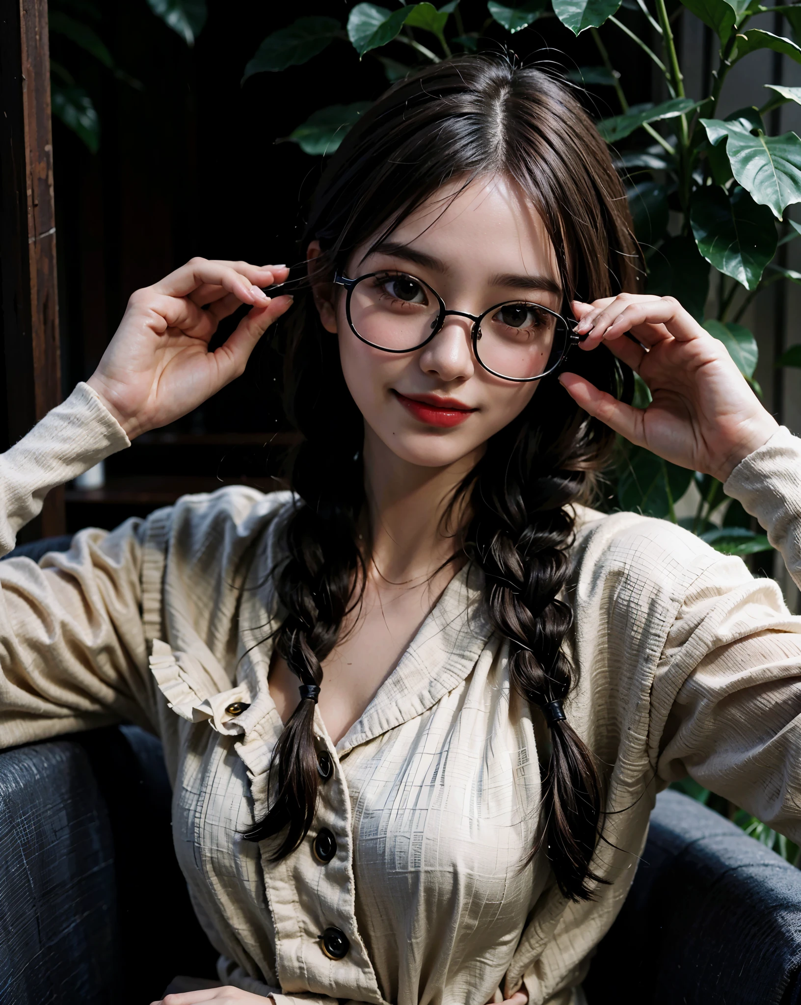 Top quality, one beautiful woman, 20 years old, 35mm lens, f/1, dark brown eyes, glasses, braids, black hair, pale skin, medium chest, slendar body  look at viewer, smile, 