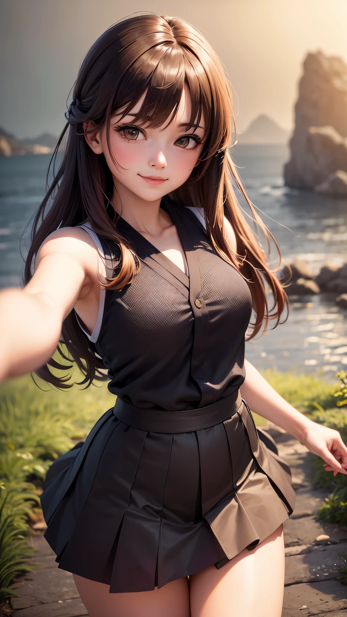 (masterpiece:1.5),(best quality:1.5),(ultra-detailed:1.3),(illustration:1.2),(8k wallpaper:1.2),(best quality:1.2),(highly detailed:1.2),(foreshortening),(photoreal),(photorealistic),(unreal engine),(highres:1.2),(oil painting:1.05),(crosshatching)(best quality:1.1),(hyperrealistic:1.1),(extremely fine,beautiful),, panorama,, 1girl,, (blouse and layered skirt), , smile,, stand,, (on okinoshima),, japan,okinoshima