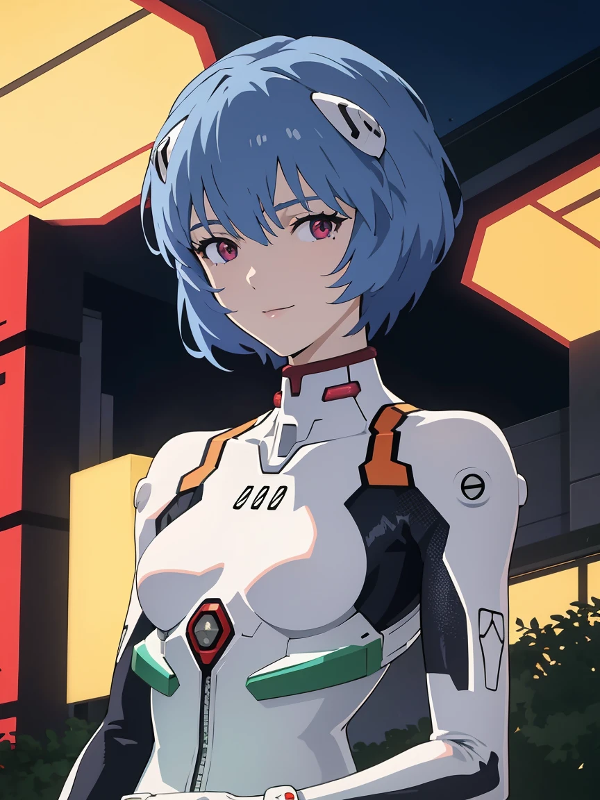 masterpiece, best quality, 1girl, ayanamirei, eva00plugsuit, interface headset, looking at viewer, light smile, city park,upper body, cyber city